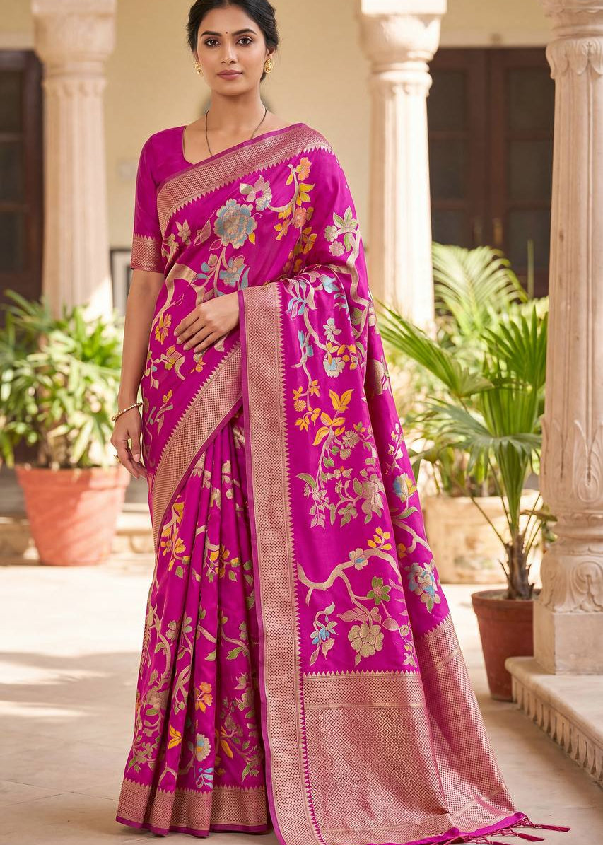 Magenta Pink Crepe Khadi Silk Weaving Saree