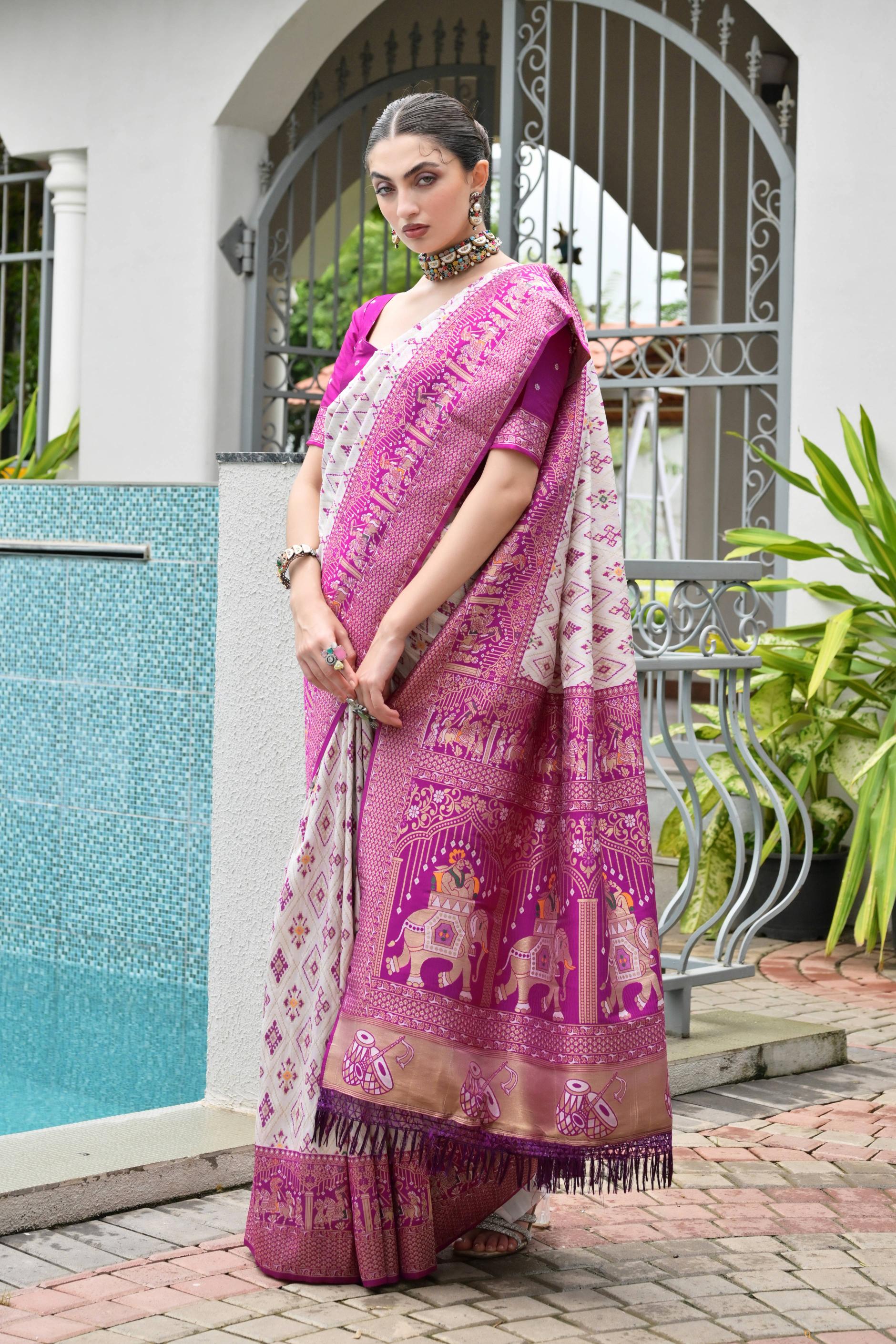 Magenta Soft Banarasi Silk Patola And Ajarakh Saree