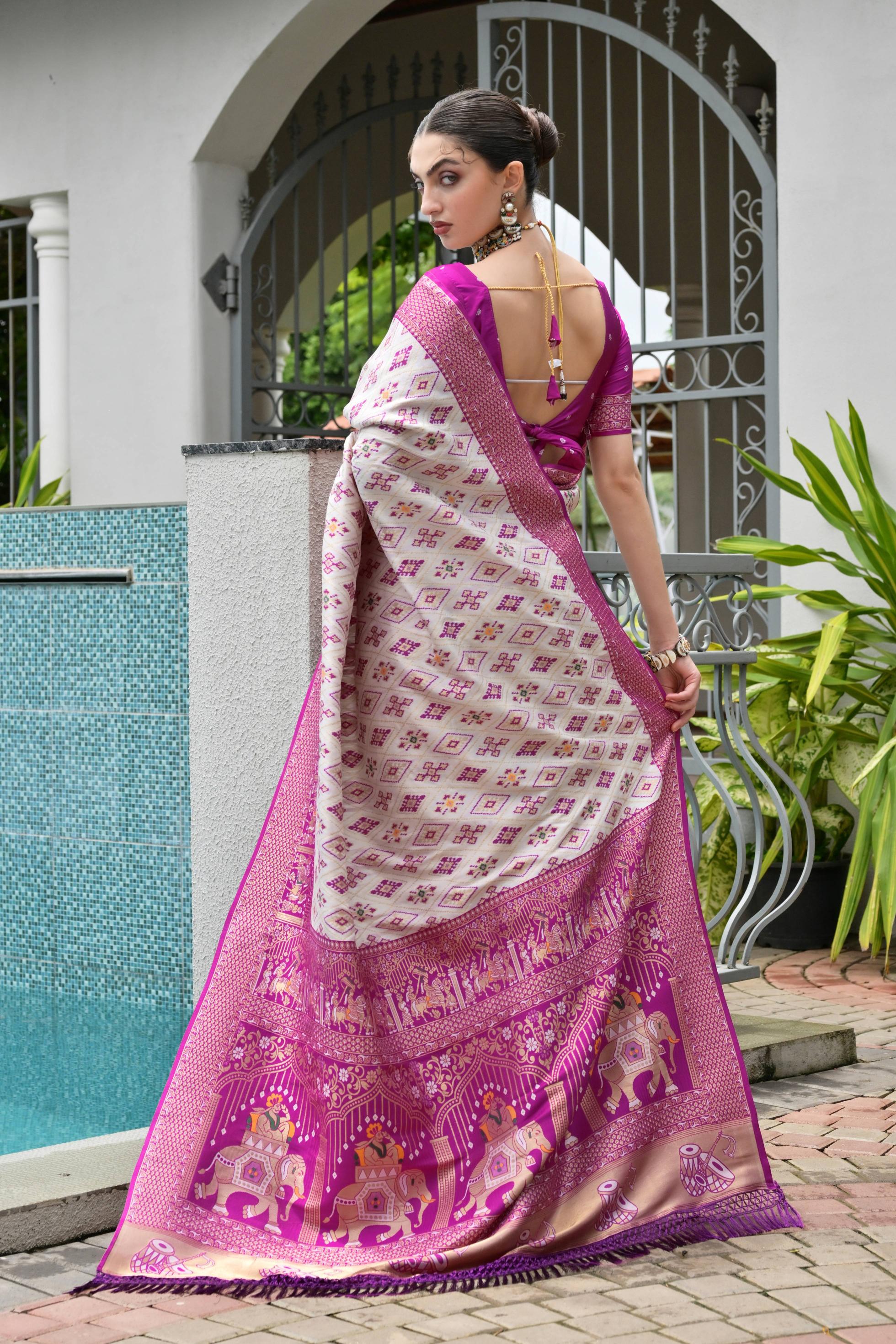 Magenta Soft Banarasi Silk Patola And Ajarakh Saree