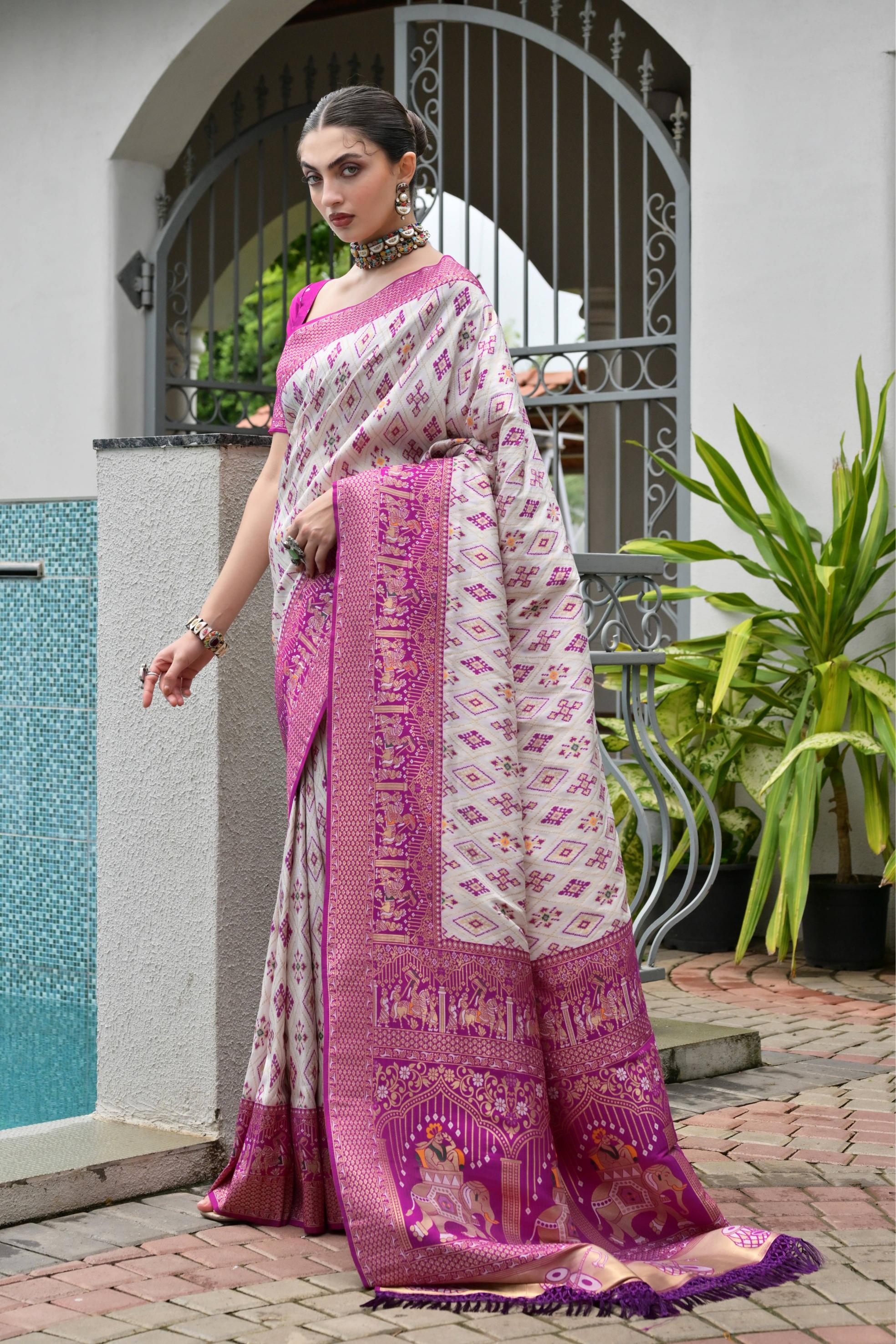 Magenta Soft Banarasi Silk Patola And Ajarakh Saree