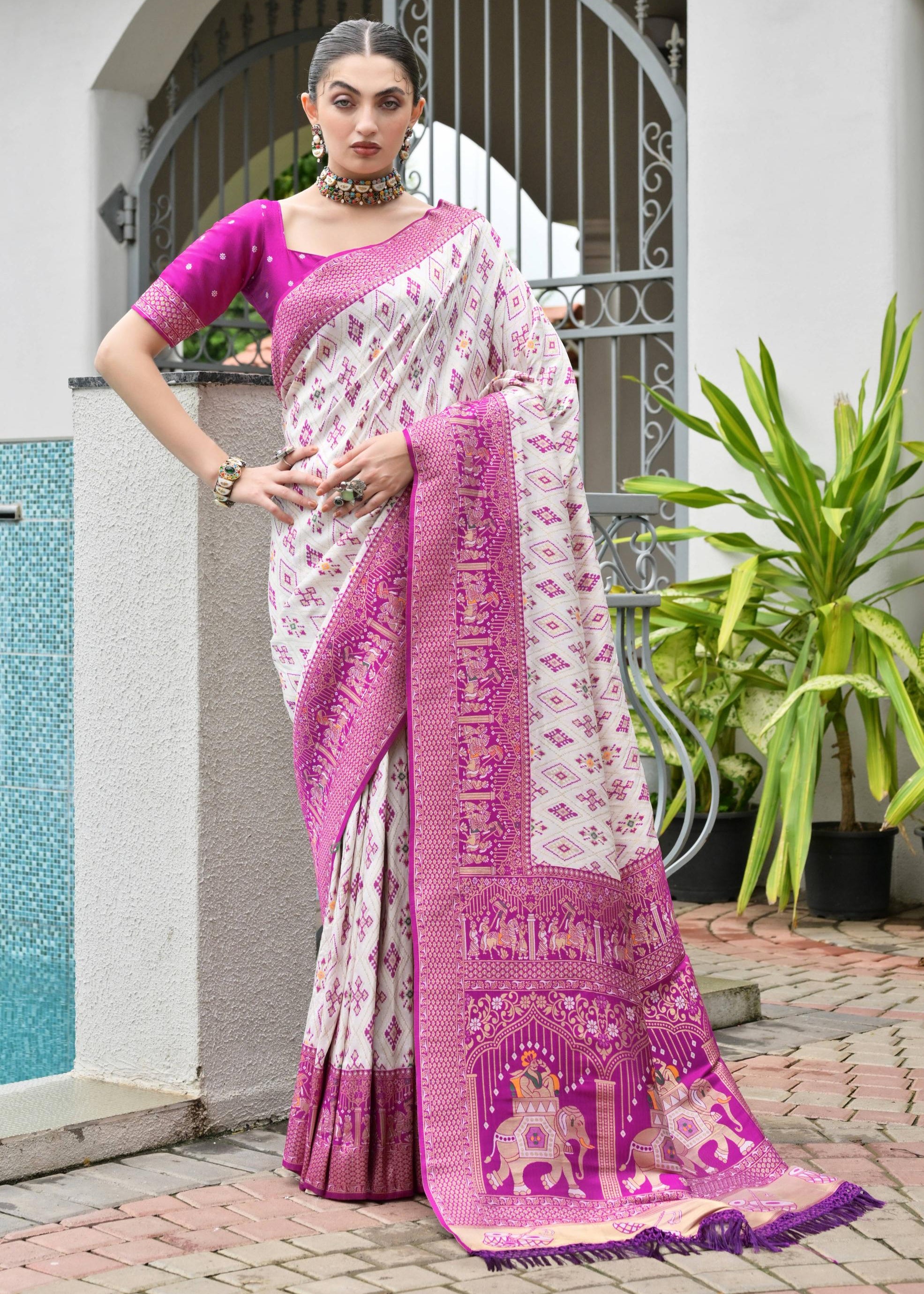 Magenta Soft Banarasi Silk Patola And Ajarakh Saree