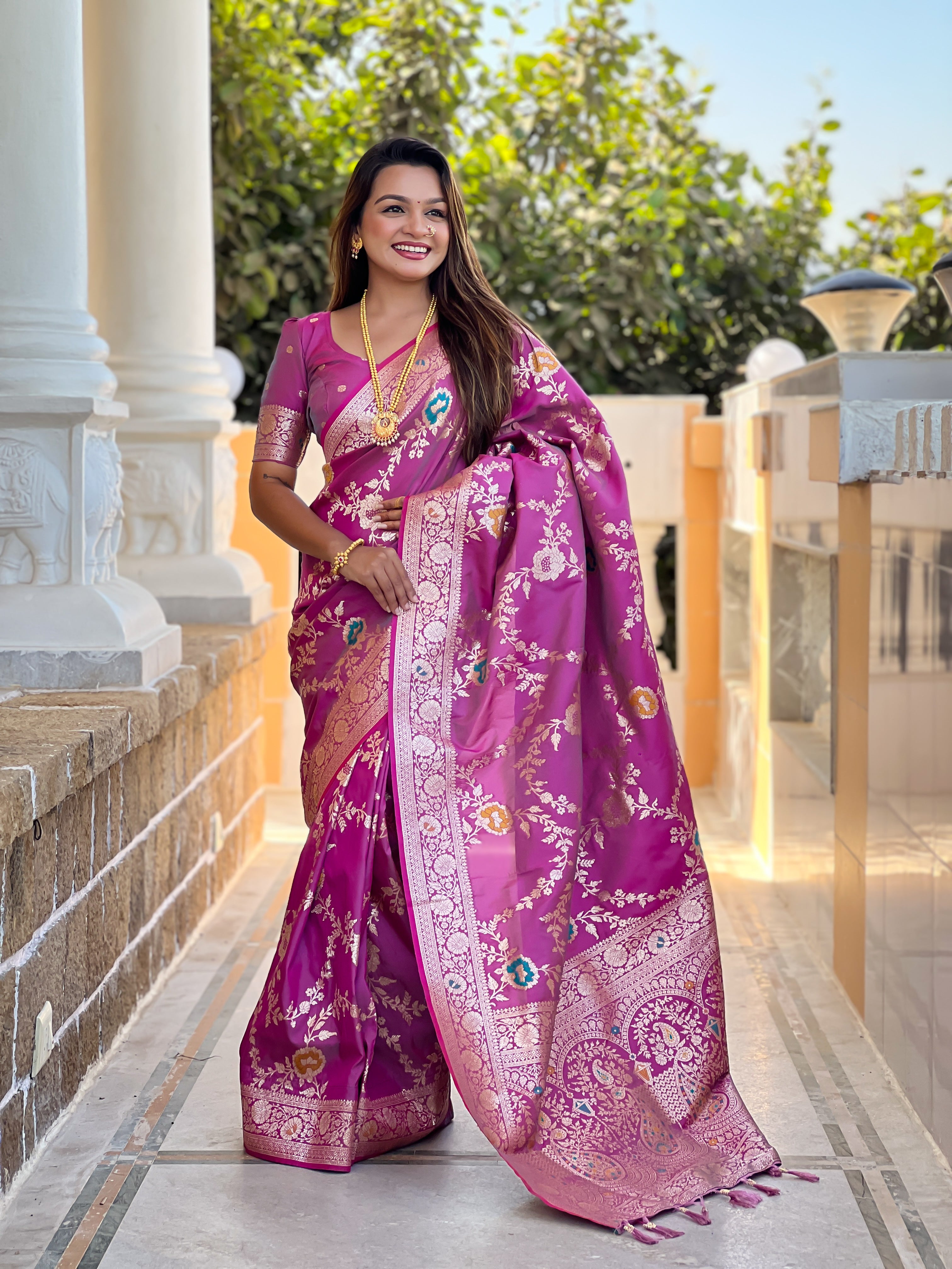 Magenta Wedding Wear Soft Banarasi Silk Saree