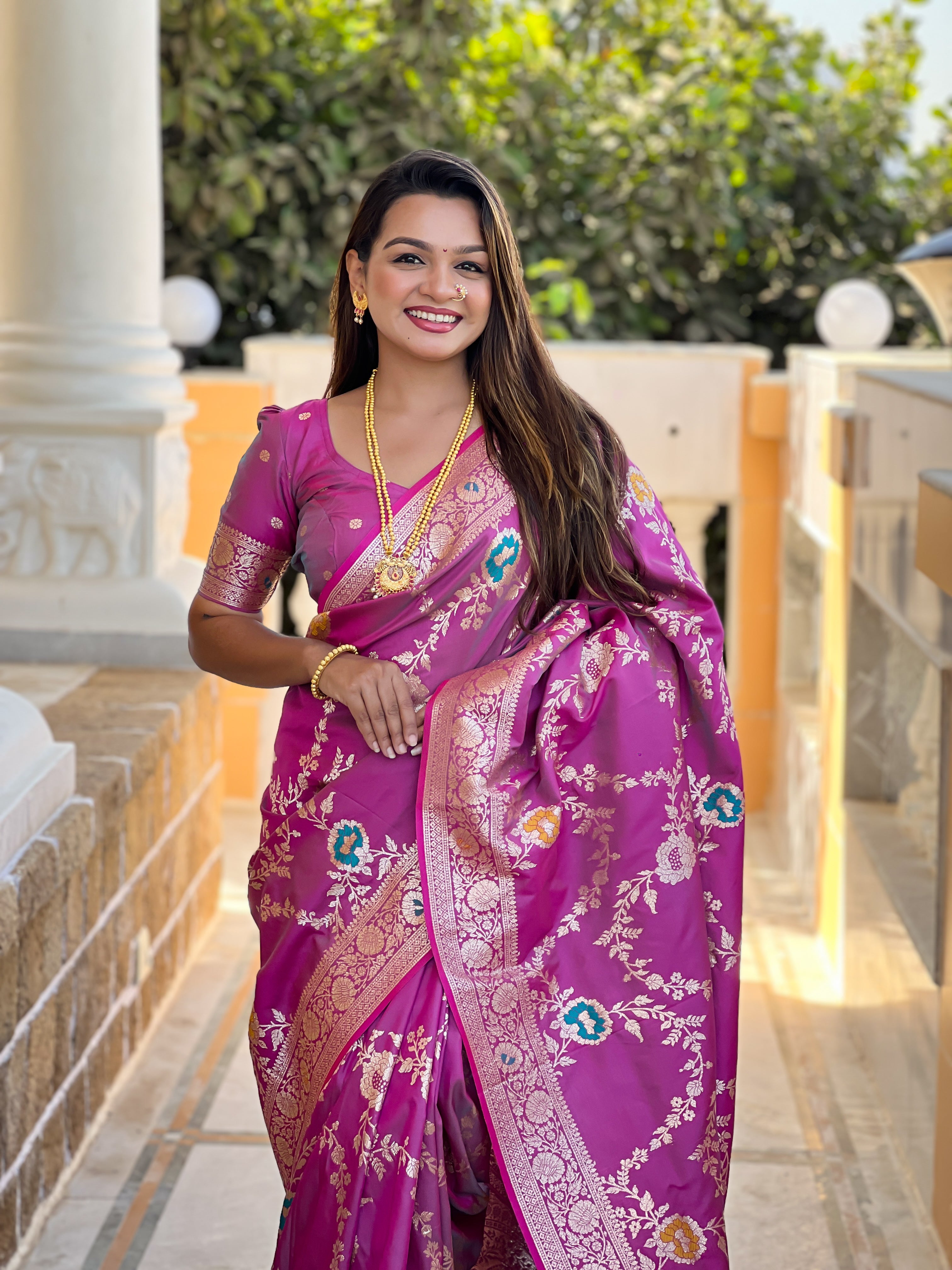 Magenta Wedding Wear Soft Banarasi Silk Saree