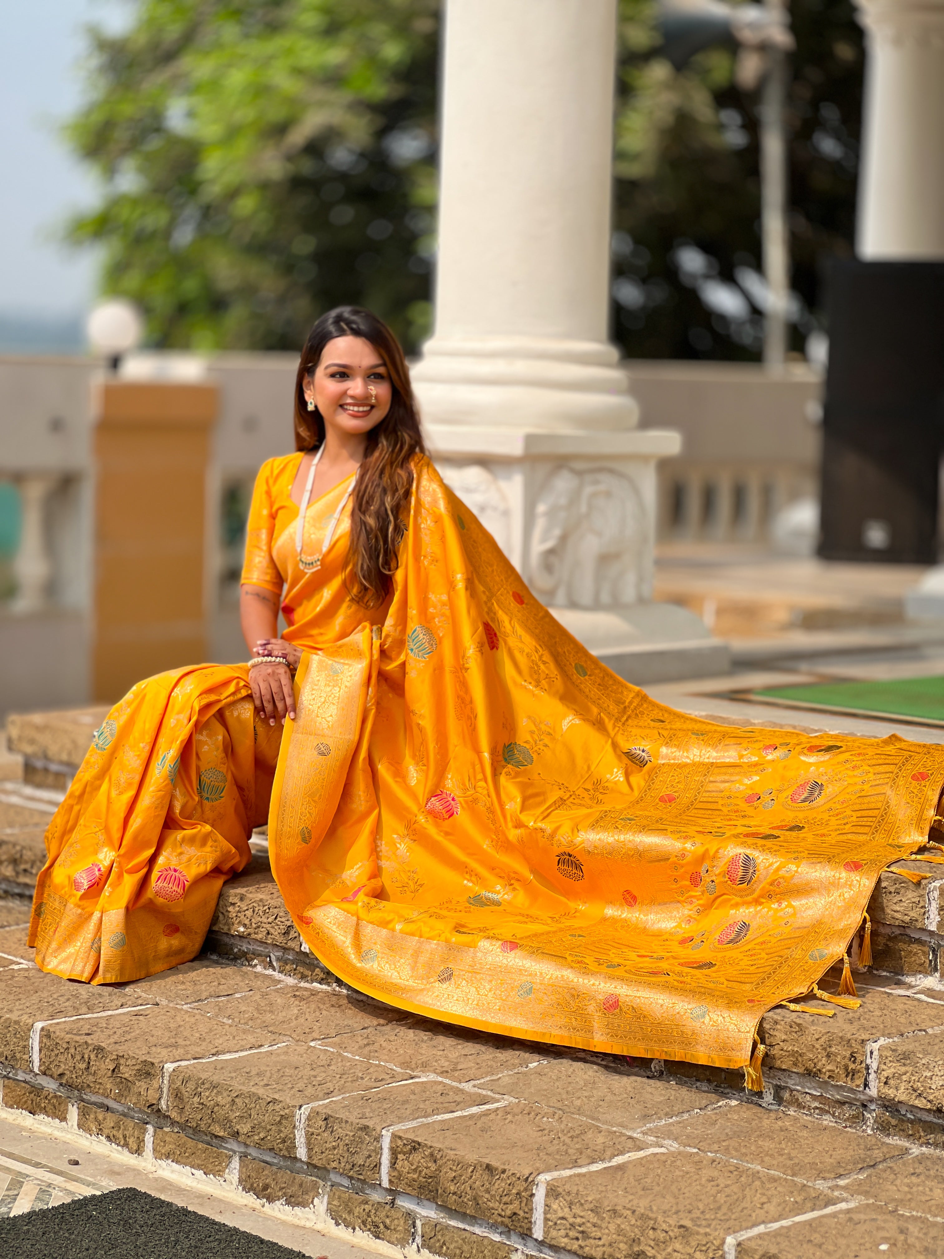 Mango Yellow Wedding Wear Soft Banarasi Silk Saree