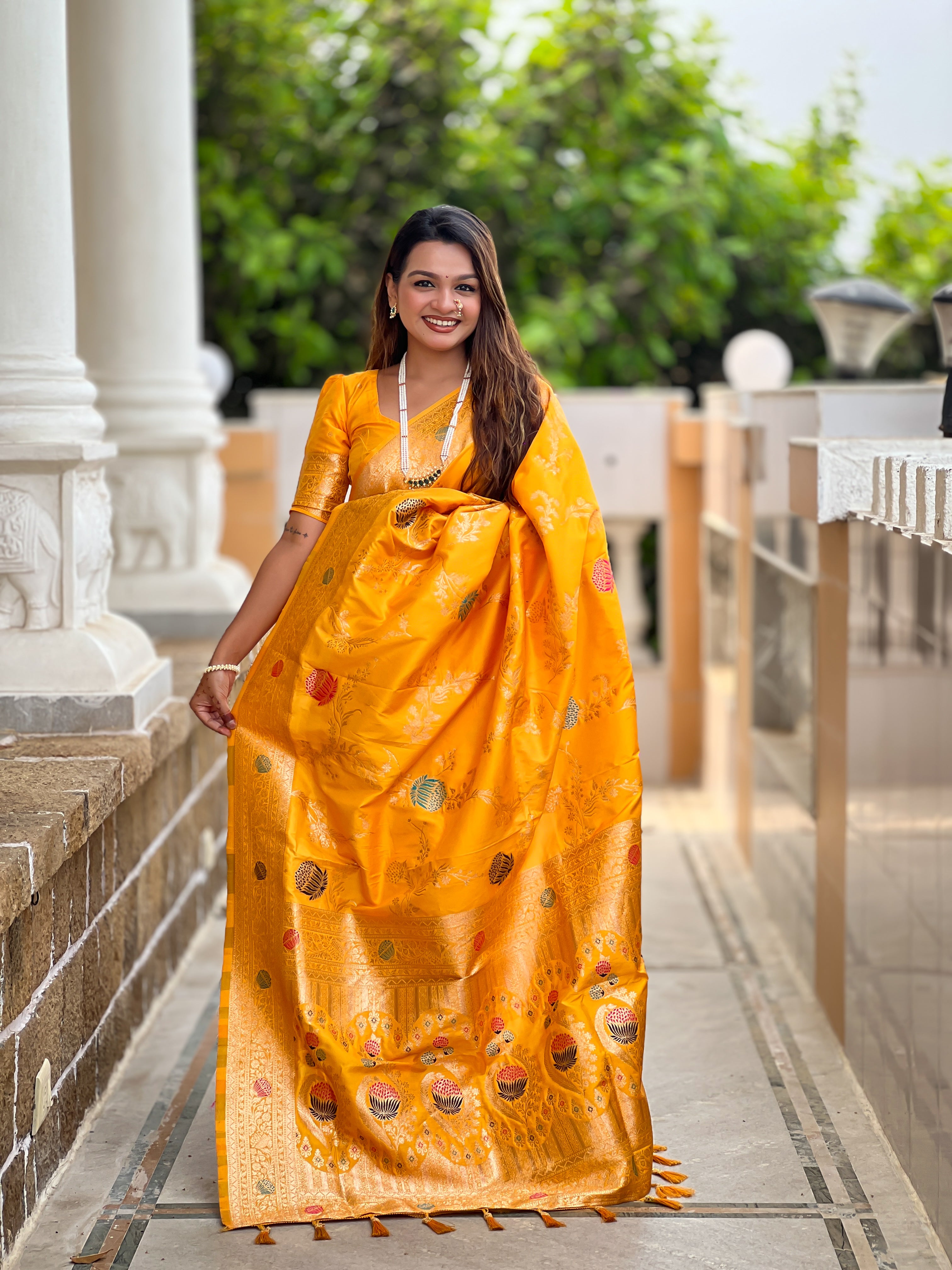 Mango Yellow Wedding Wear Soft Banarasi Silk Saree