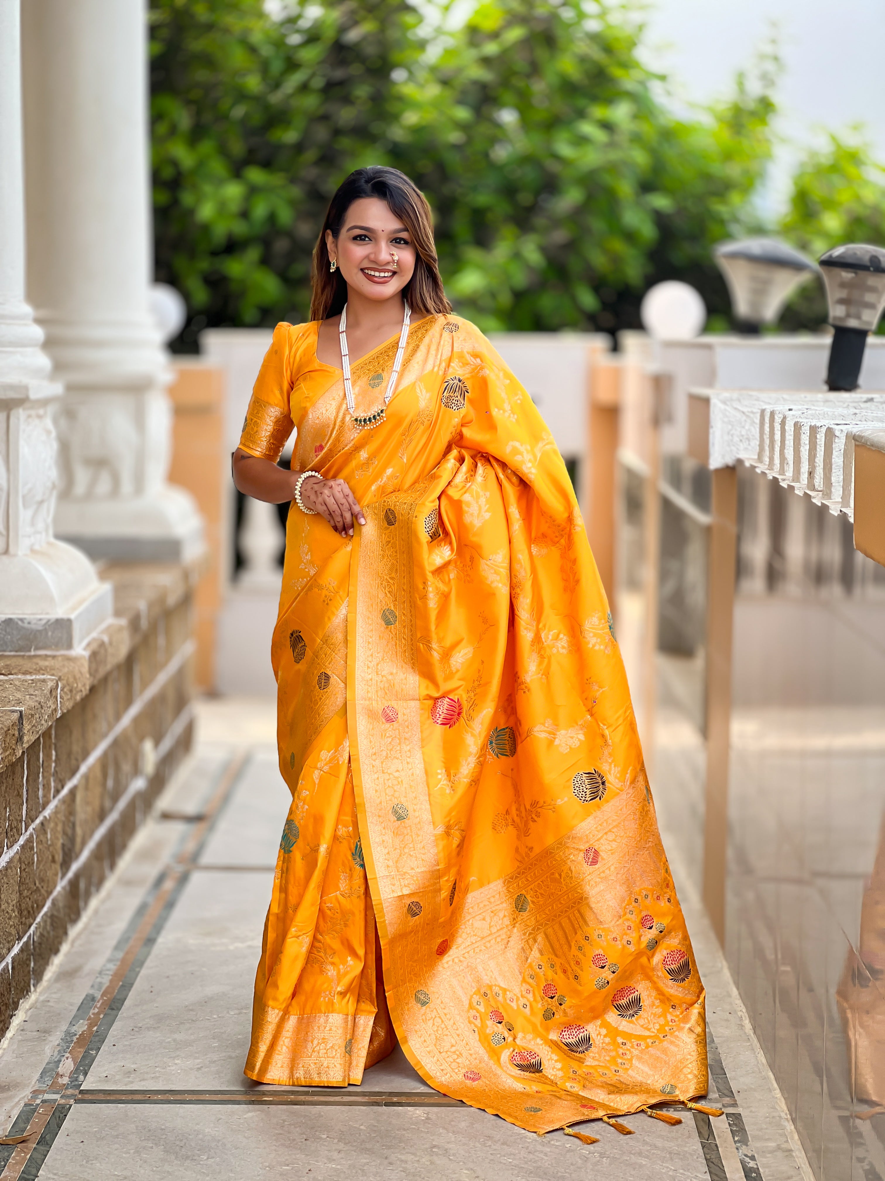 Mango Yellow Wedding Wear Soft Banarasi Silk Saree