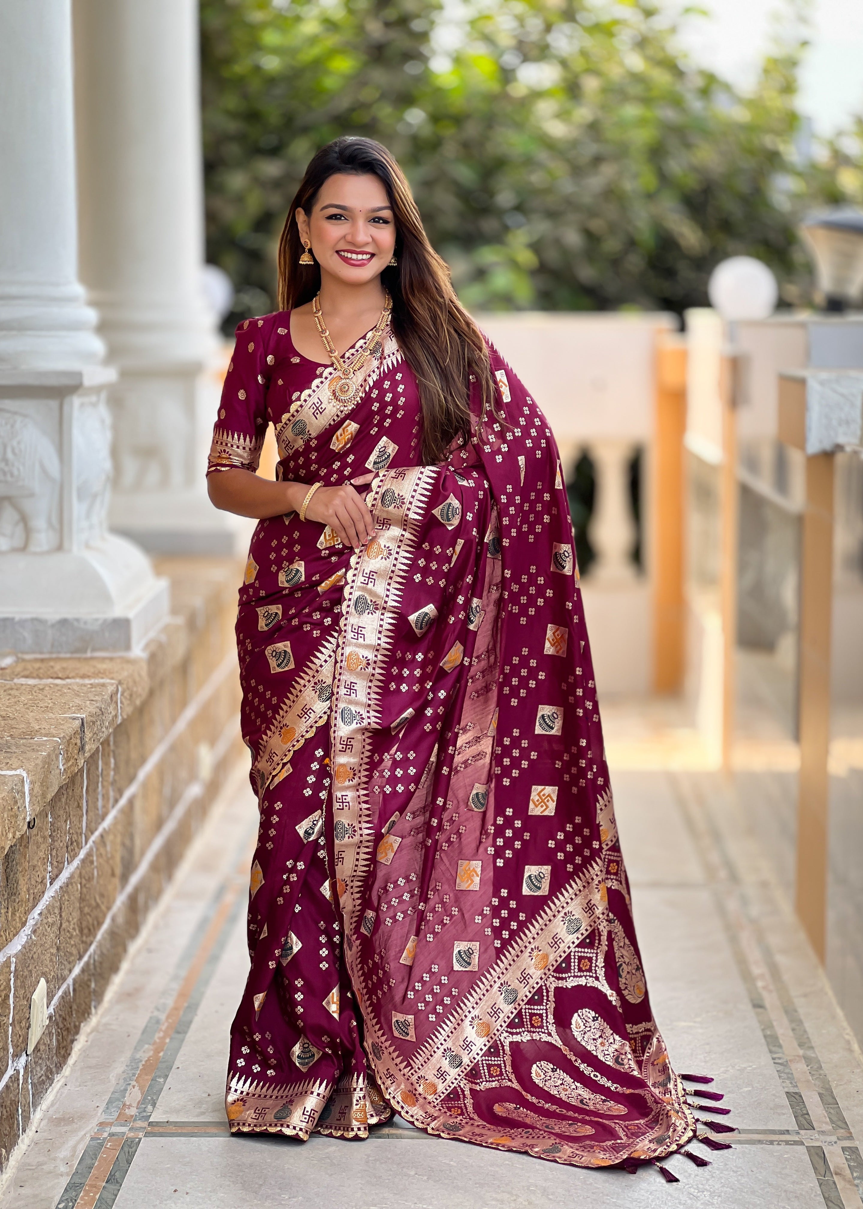 Maroon Designer Soft Dola Silk Saree