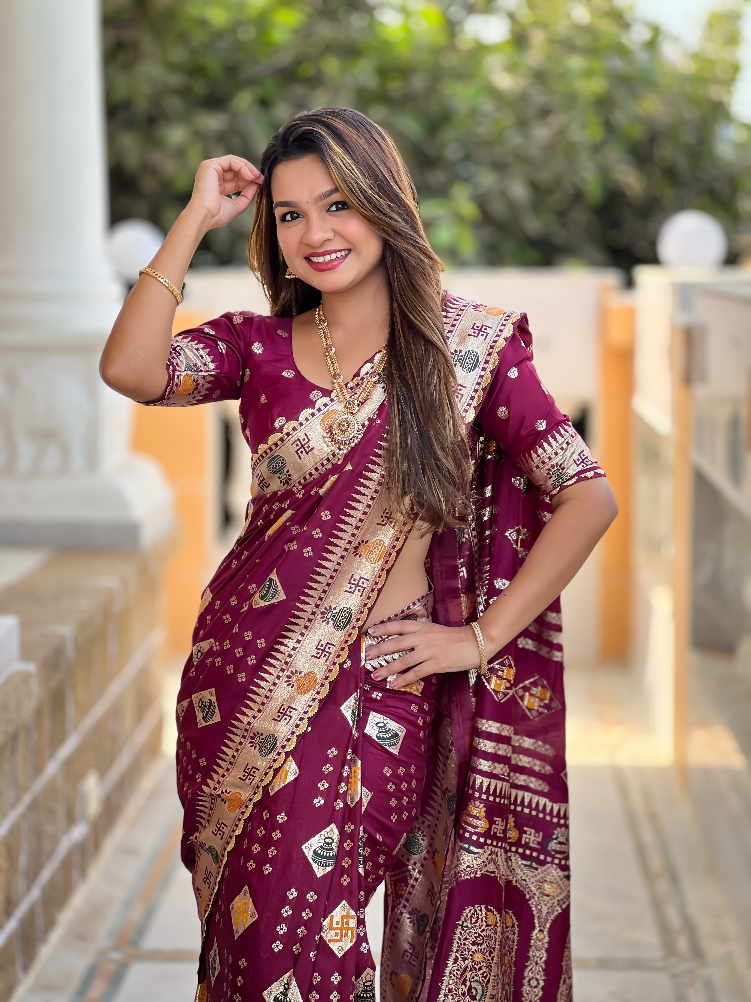 Maroon Designer Soft Dola Silk Saree
