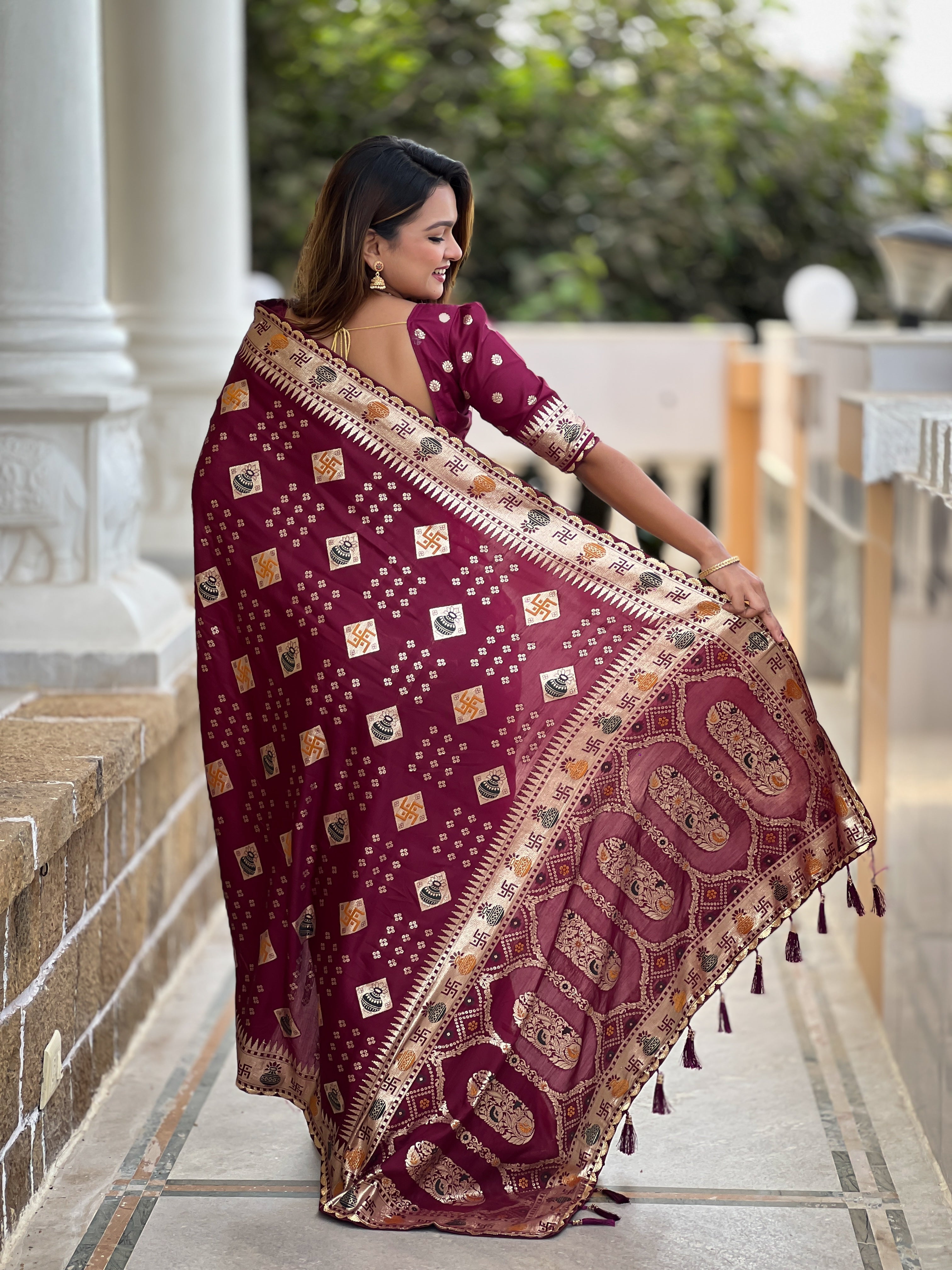 Maroon Designer Soft Dola Silk Saree