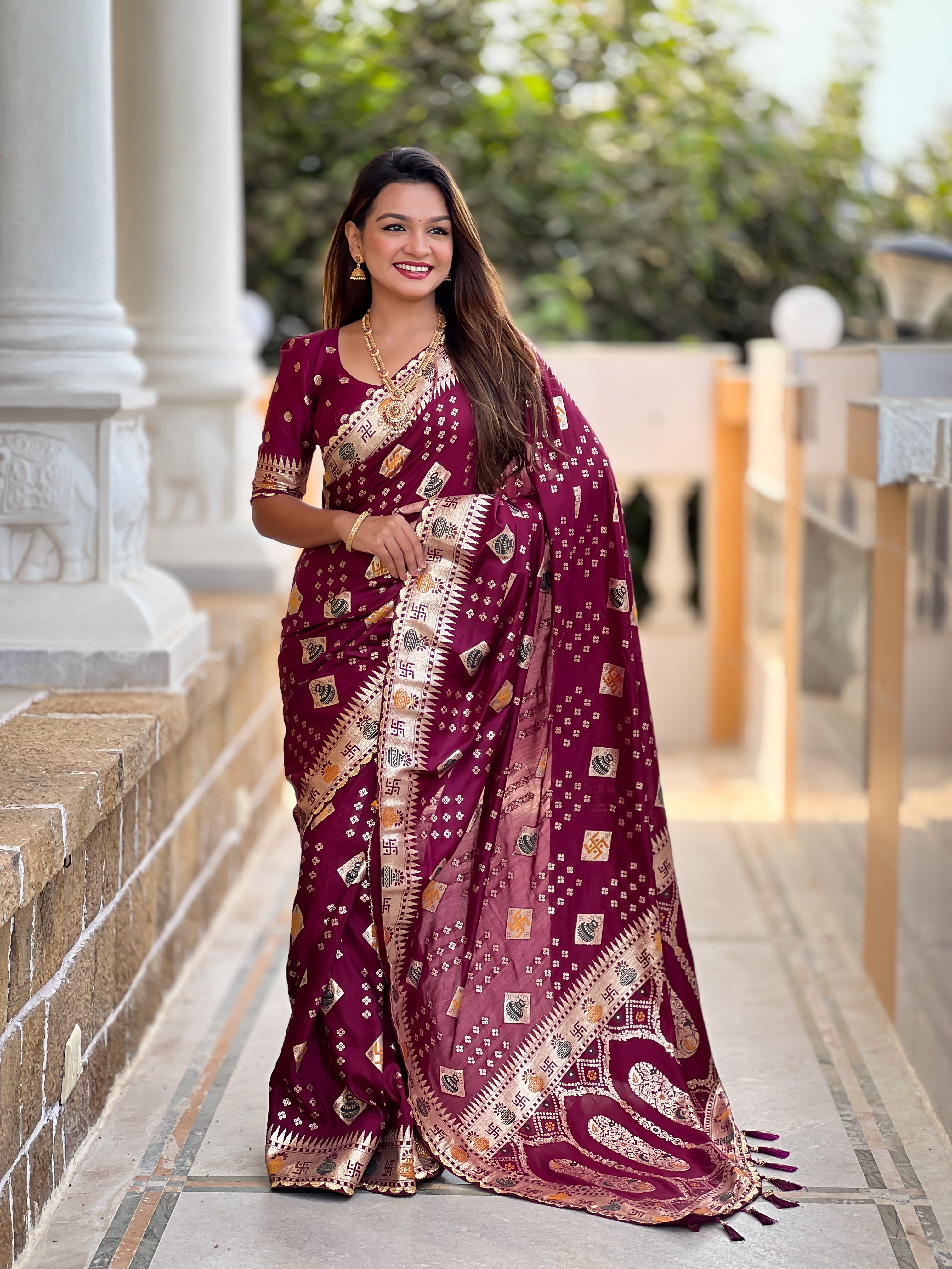Maroon Designer Soft Dola Silk Saree