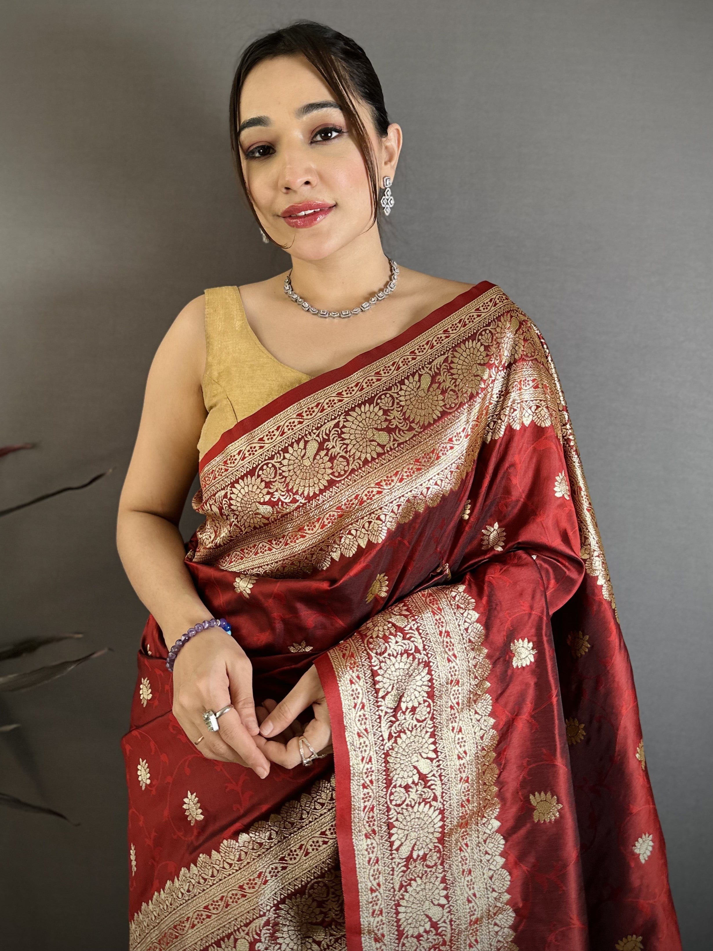 Maroon Pure Banarasi Silk Saree