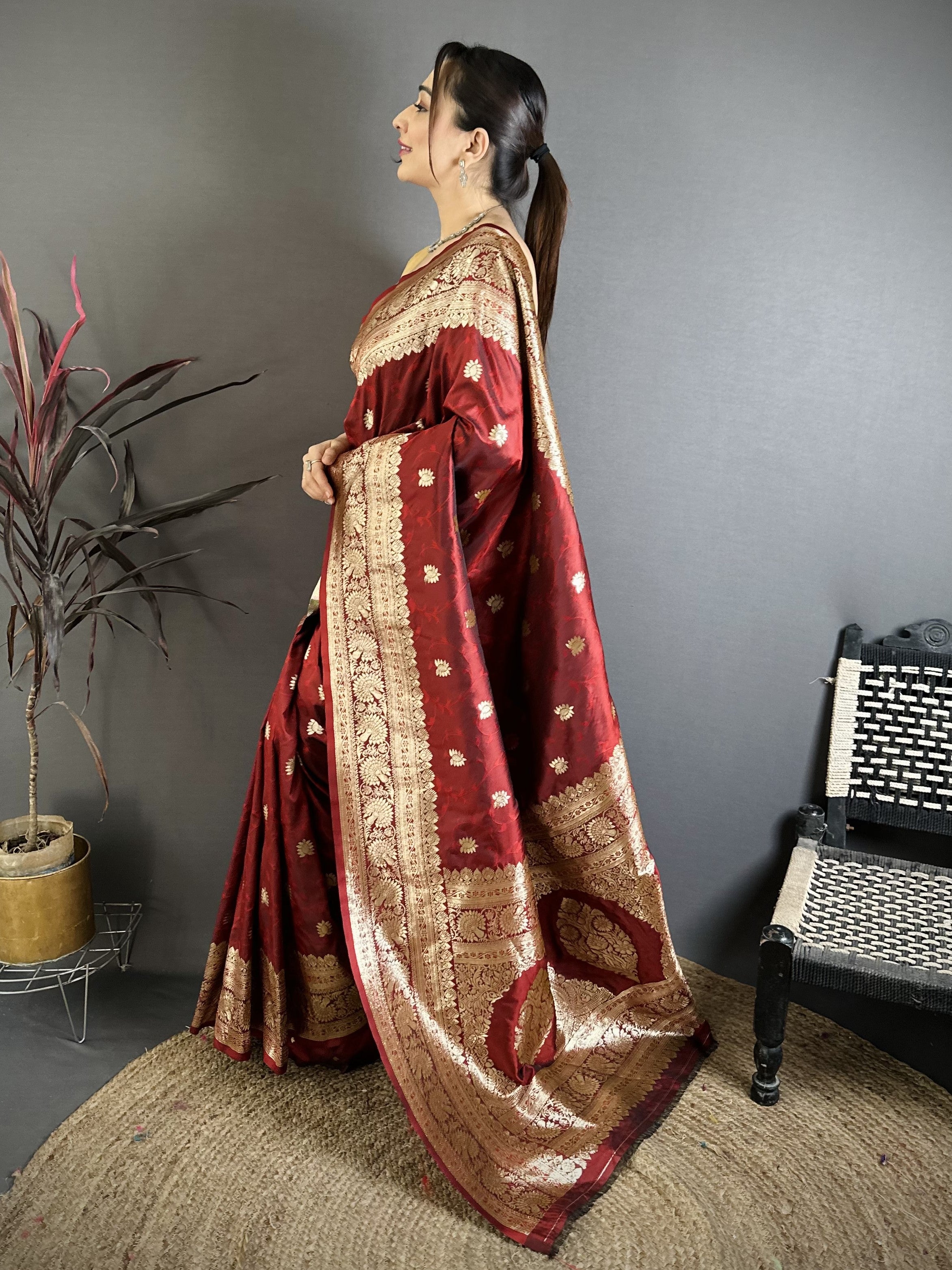 Maroon Pure Banarasi Silk Saree