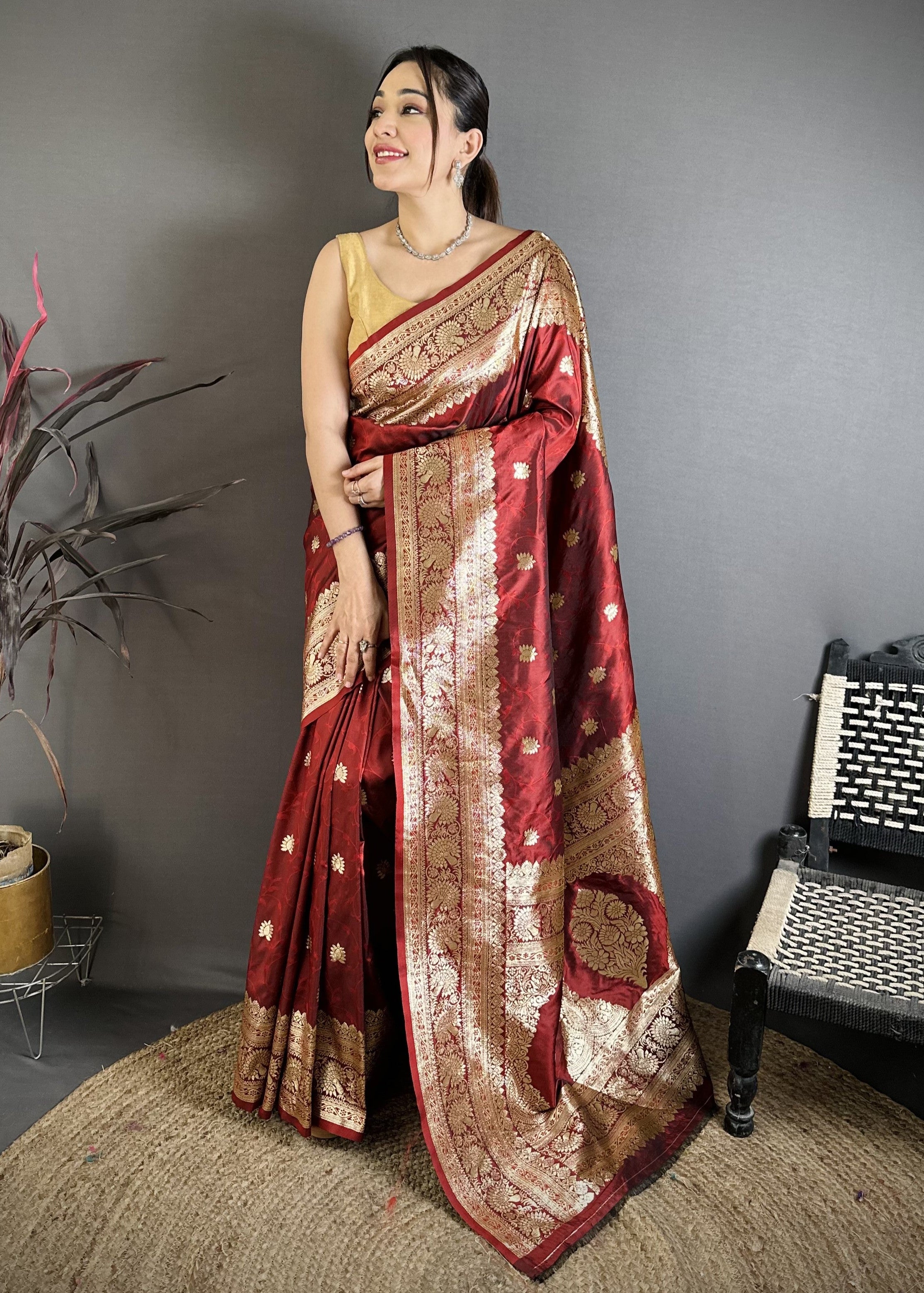 Maroon Pure Banarasi Silk Saree