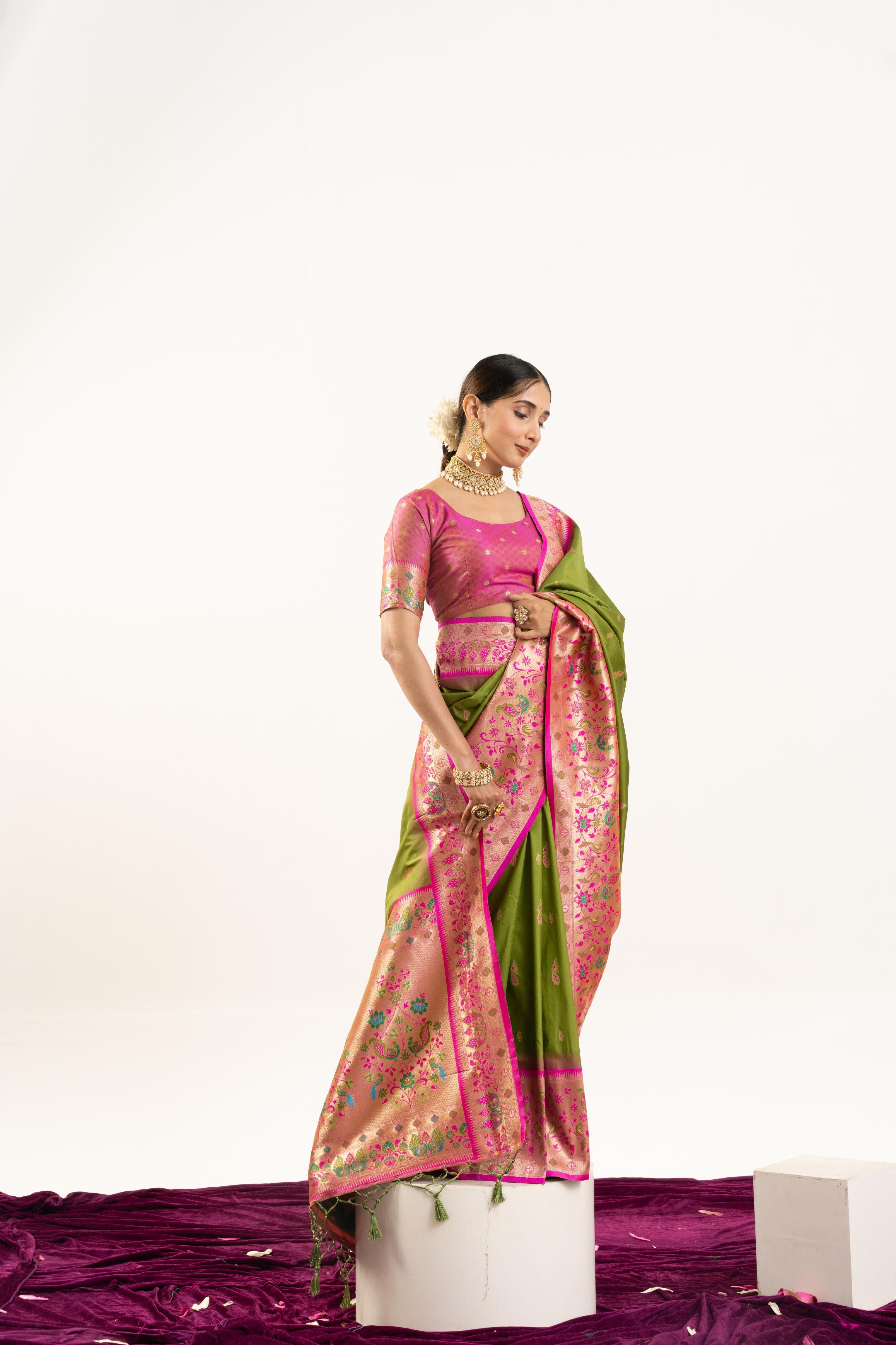 Mehendi Green Banarasi Silk Paithani Saree