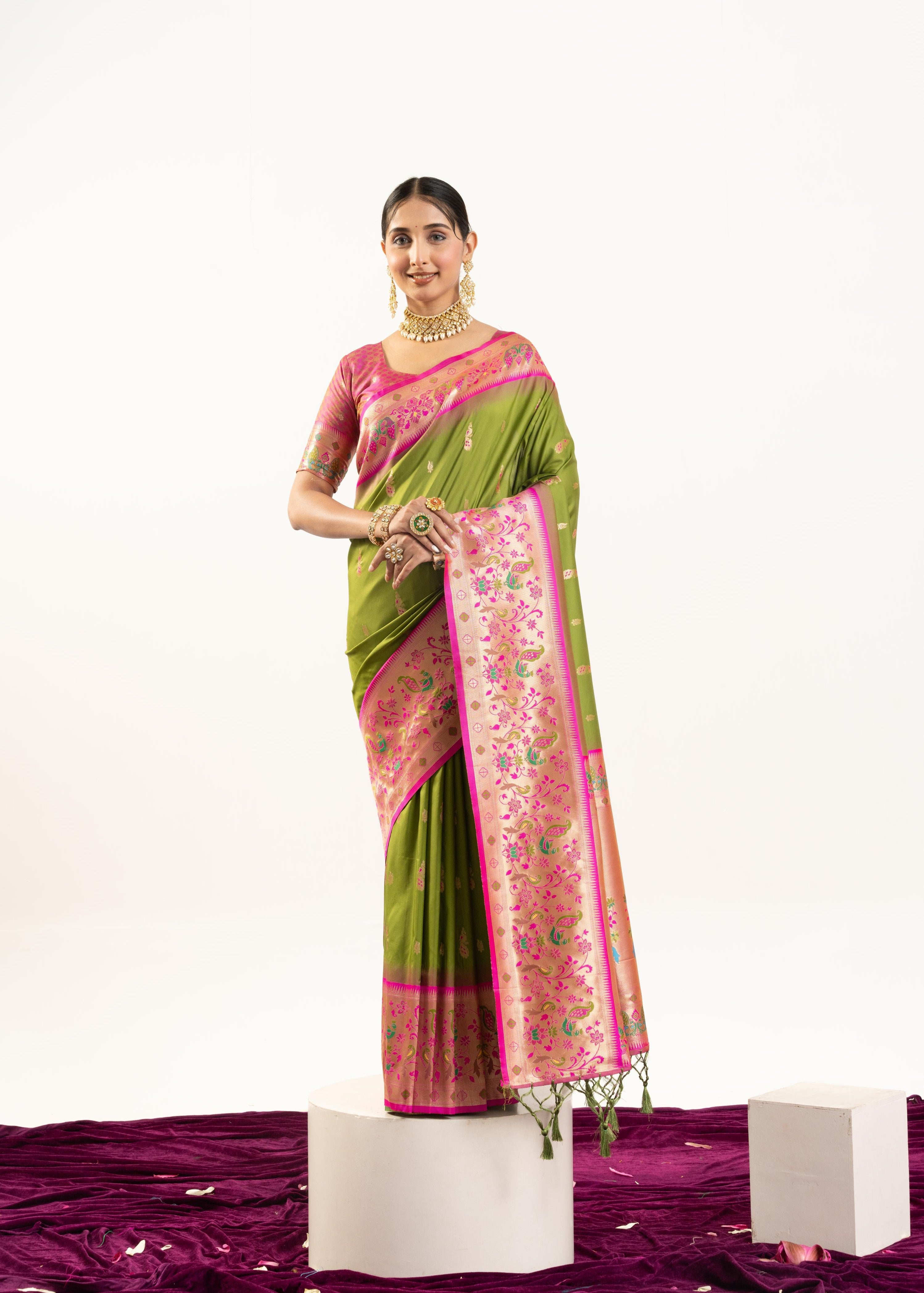 Mehendi Green Banarasi Silk Paithani Saree