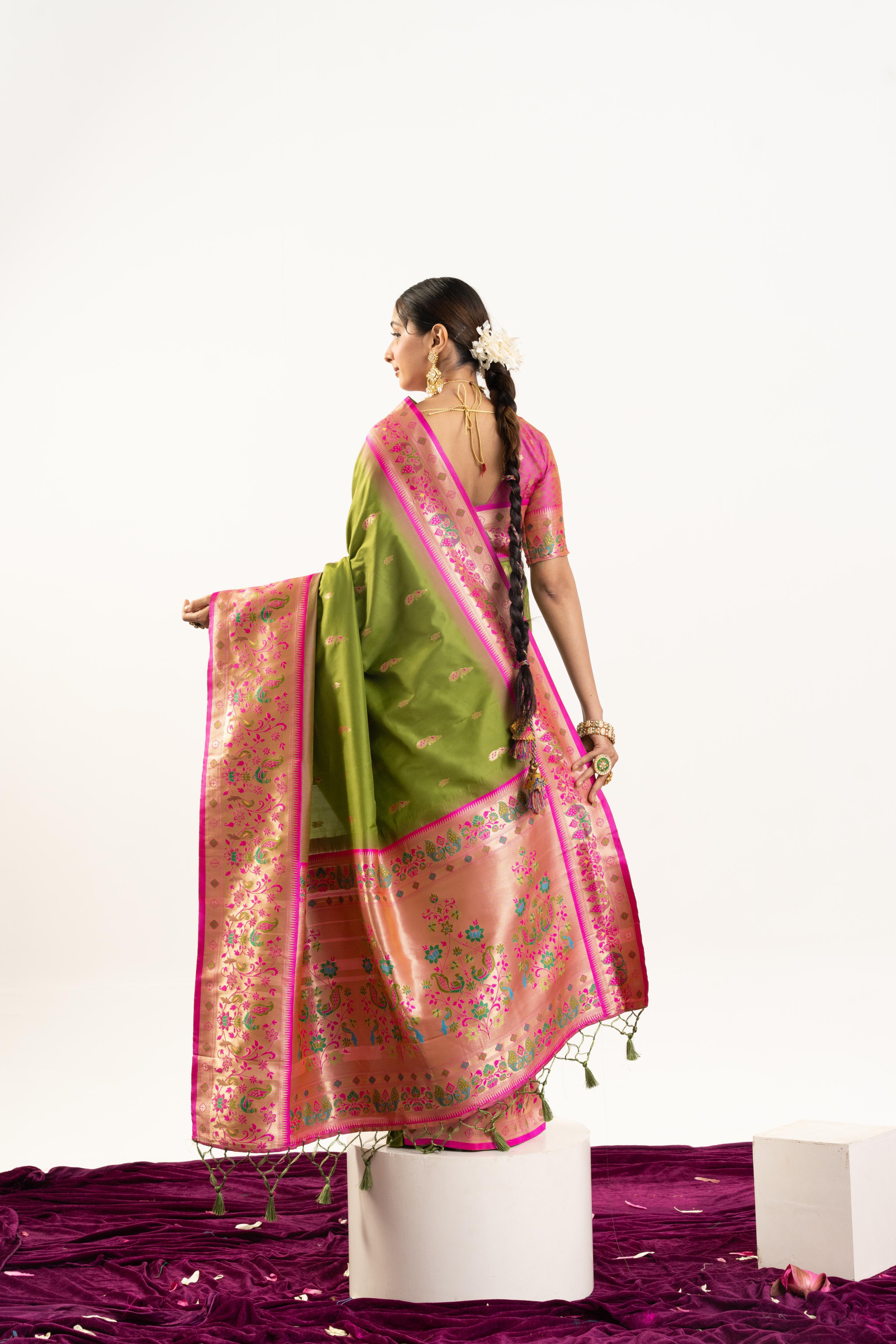 Mehendi Green Banarasi Silk Paithani Saree