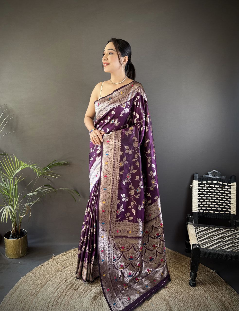 Midnight Purple Wedding Wear Soft Banarasi Silk Saree