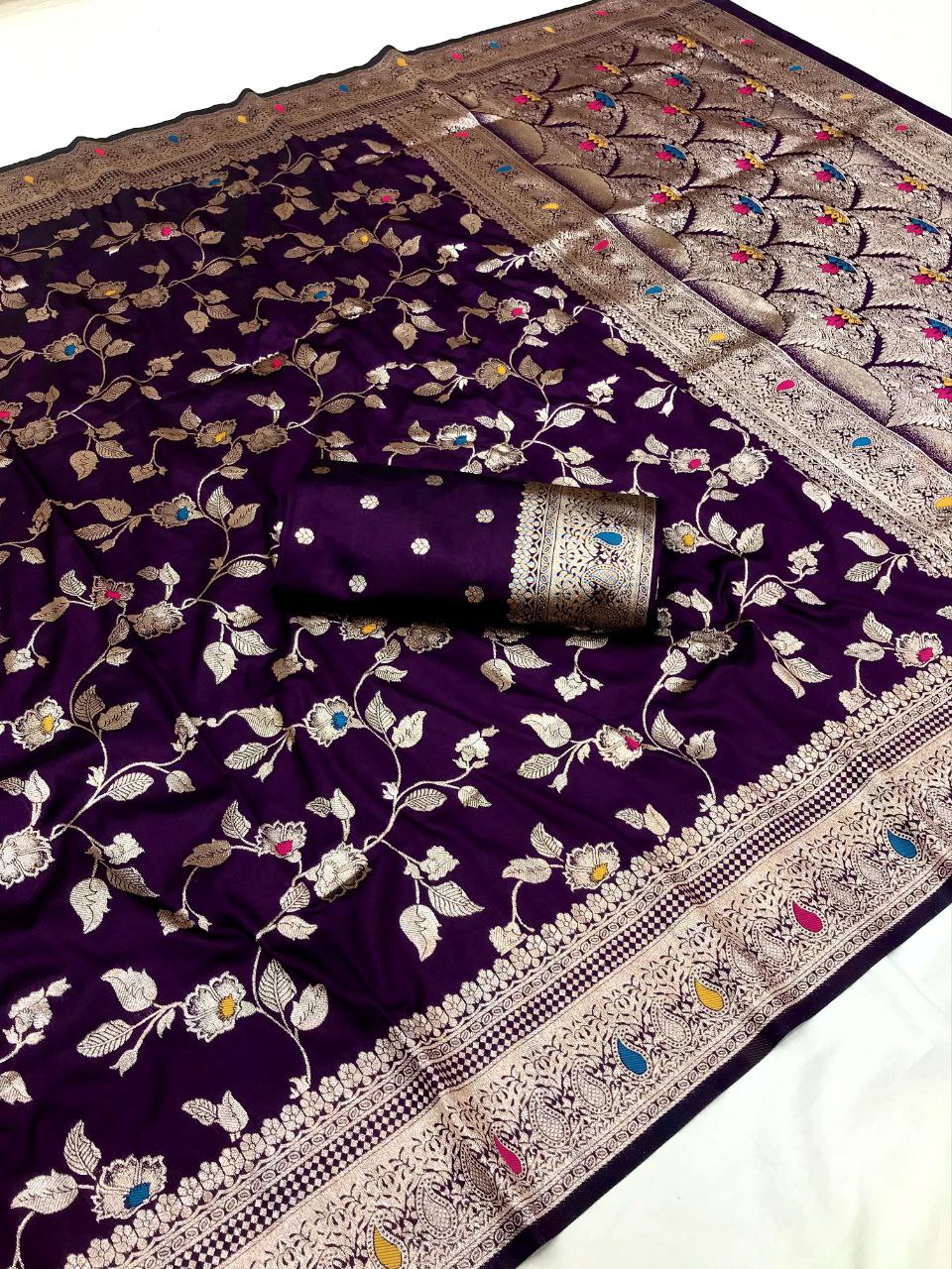 Midnight Purple Wedding Wear Soft Banarasi Silk Saree