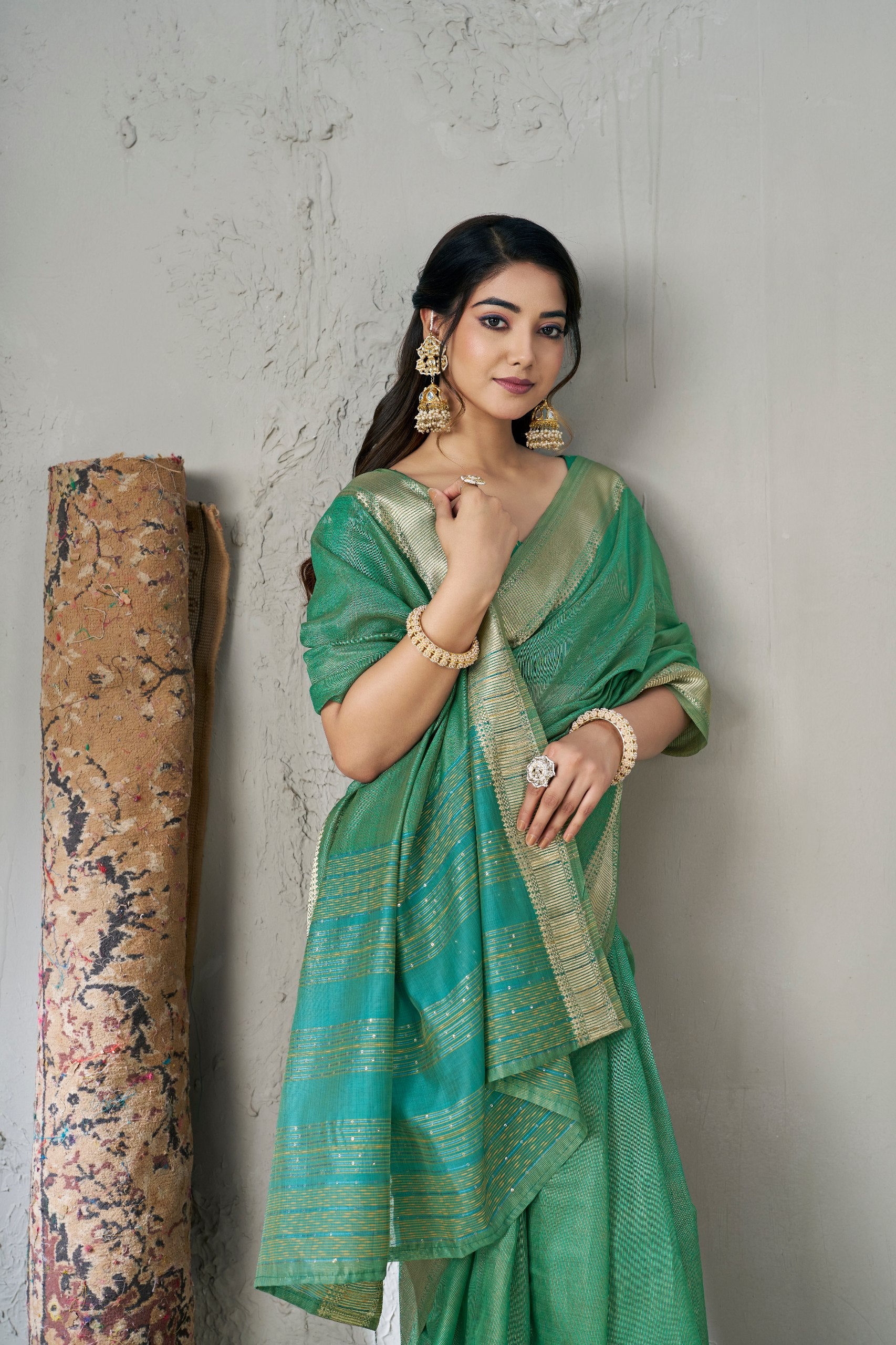 Mineral Green Soft Linen Cotton Silk Saree