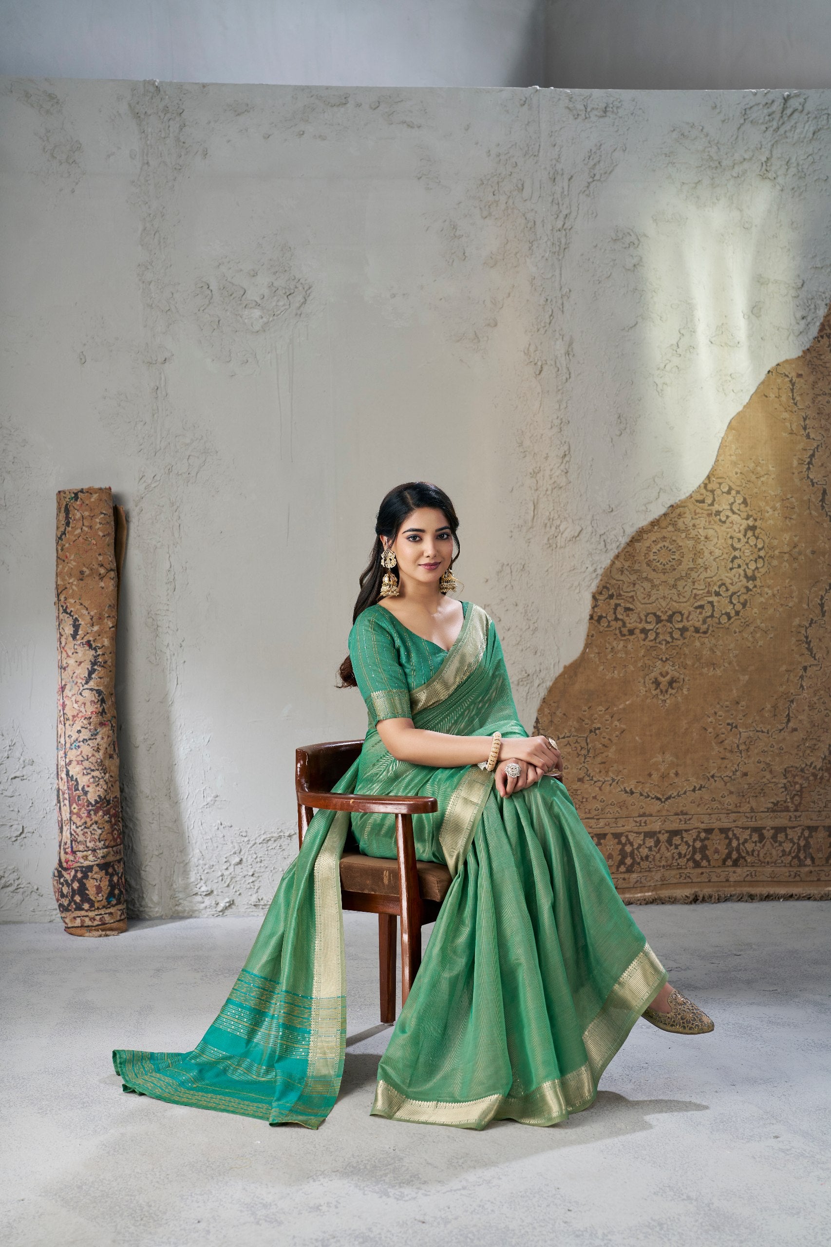 Mineral Green Soft Linen Cotton Silk Saree