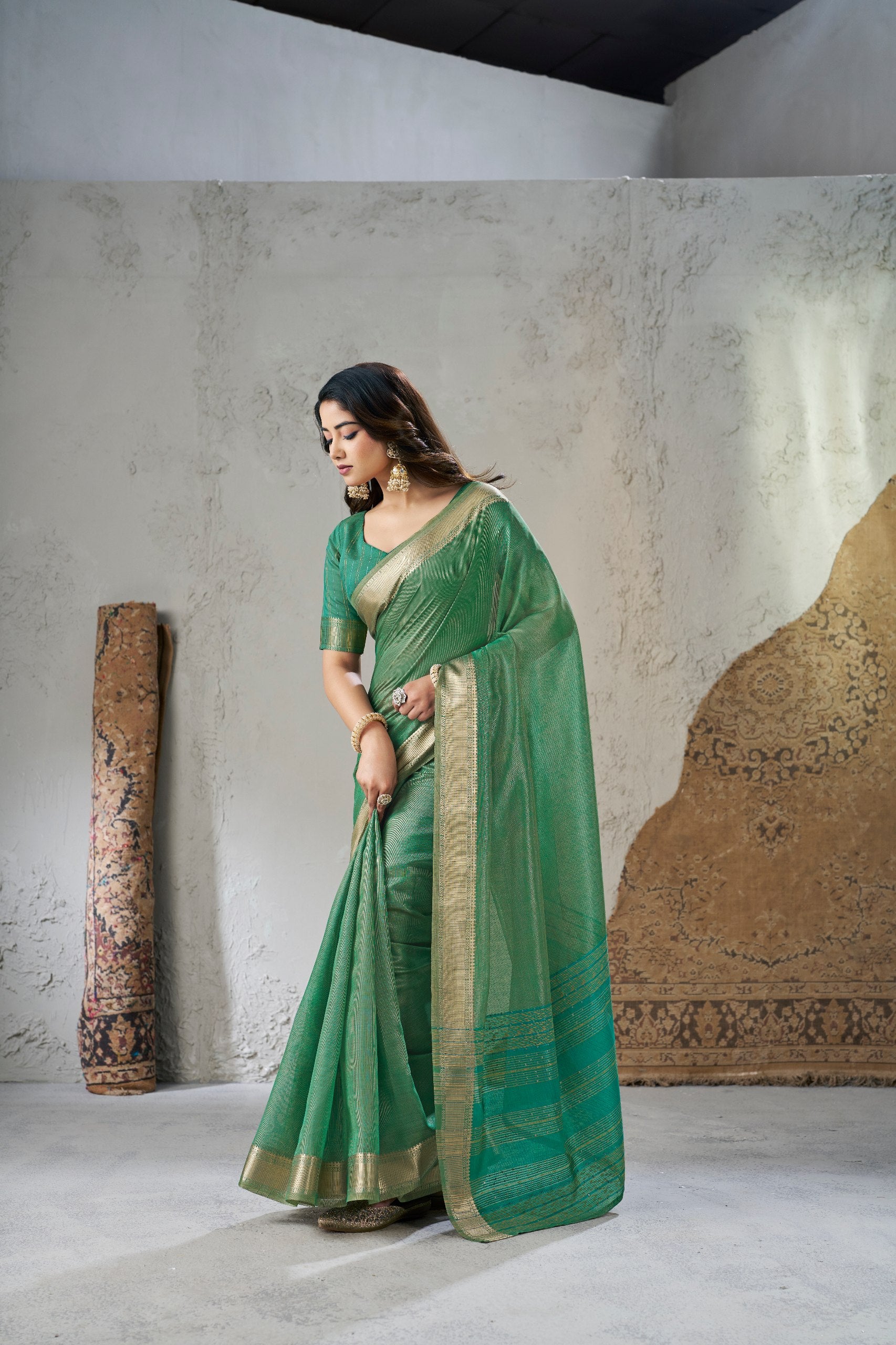 Mineral Green Soft Linen Cotton Silk Saree
