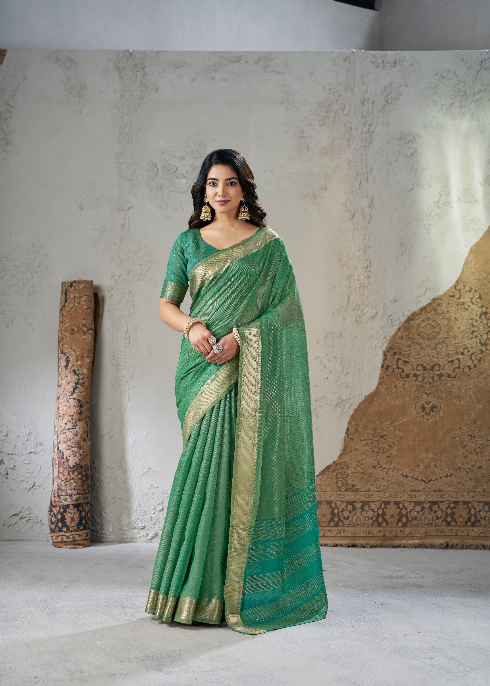 Mineral Green Soft Linen Cotton Silk Saree