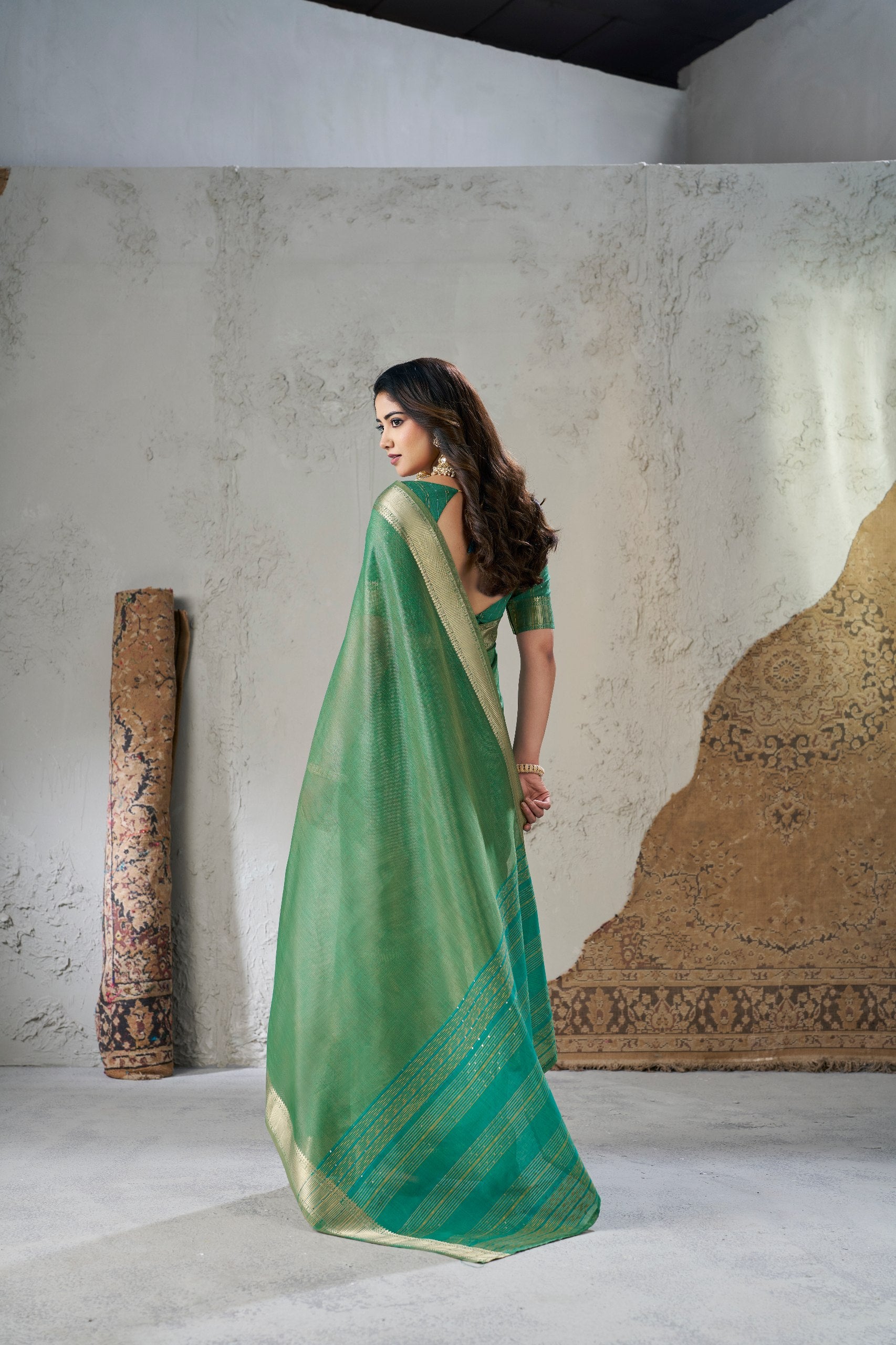 Mineral Green Soft Linen Cotton Silk Saree