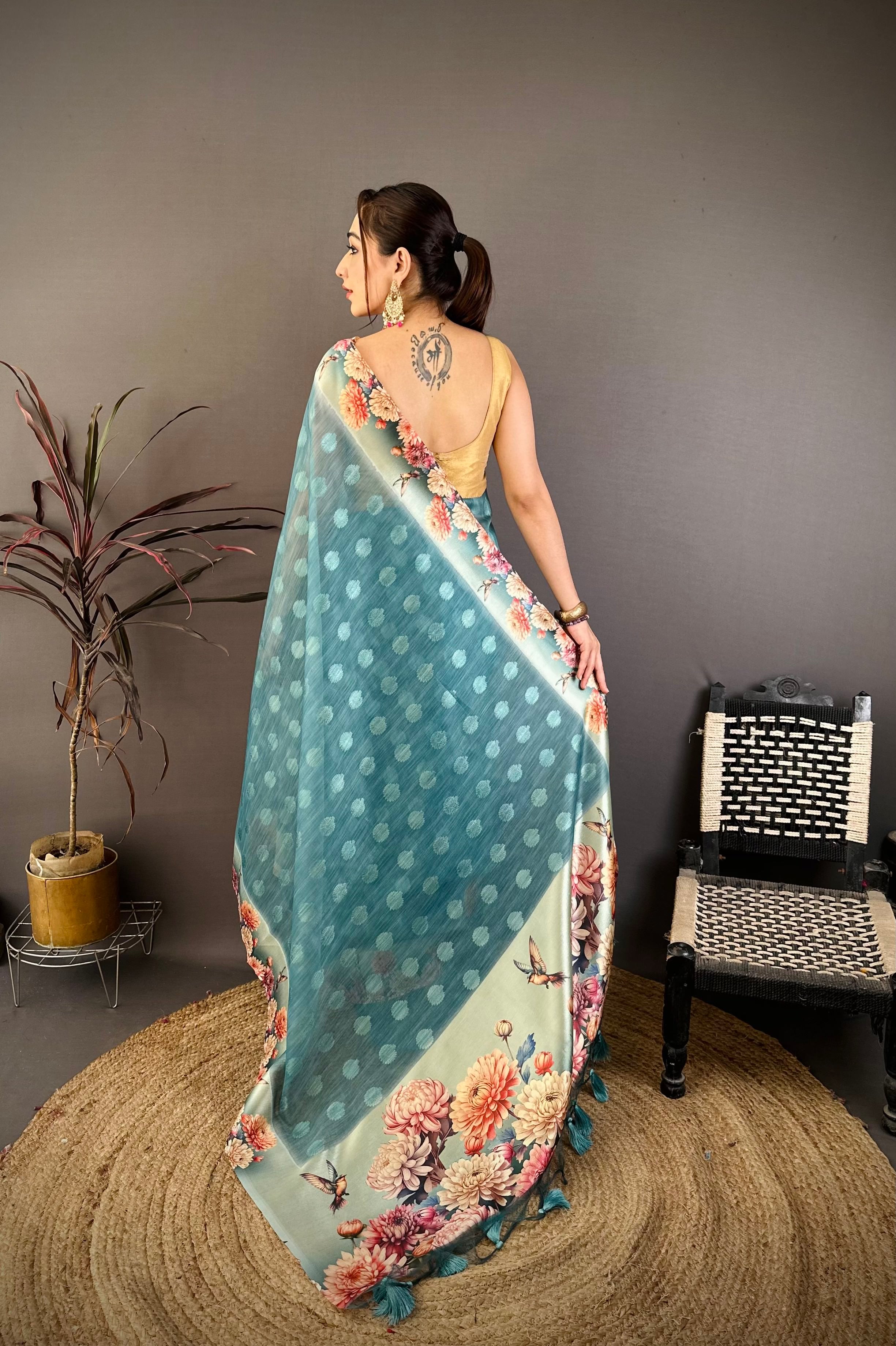 Moonstone Blue Designer Cotton Saree