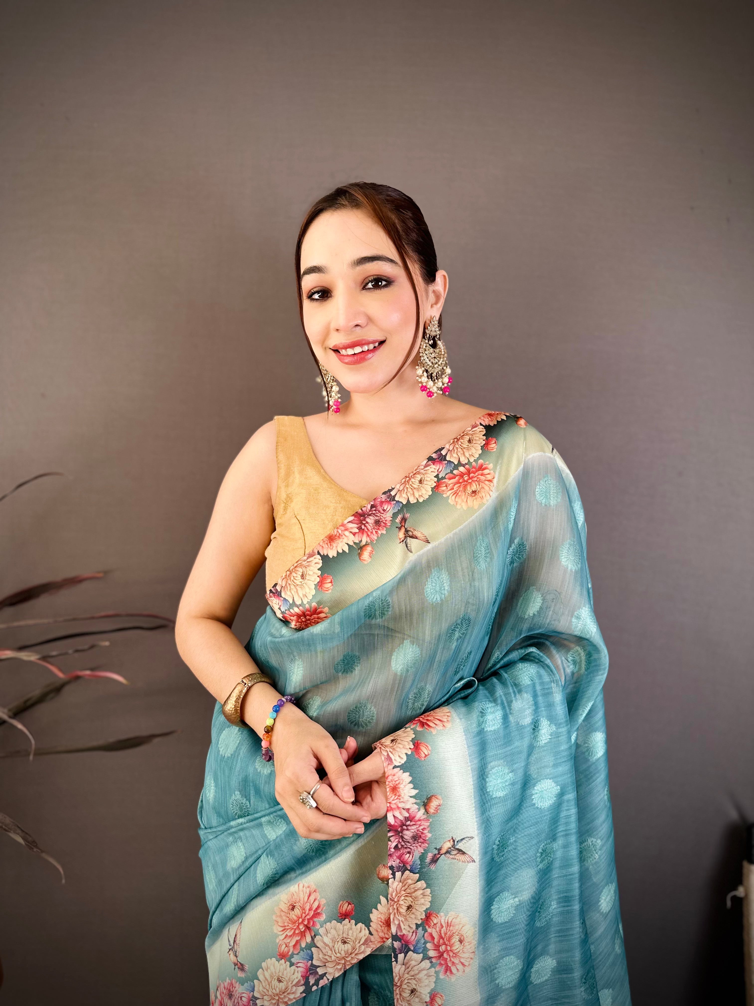 Moonstone Blue Designer Cotton Saree