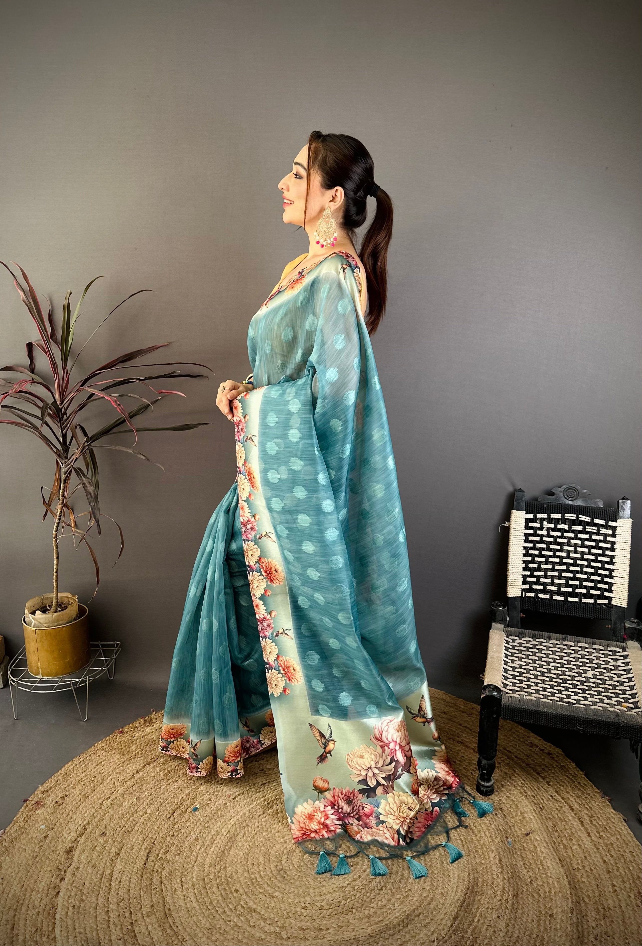 Moonstone Blue Designer Cotton Saree