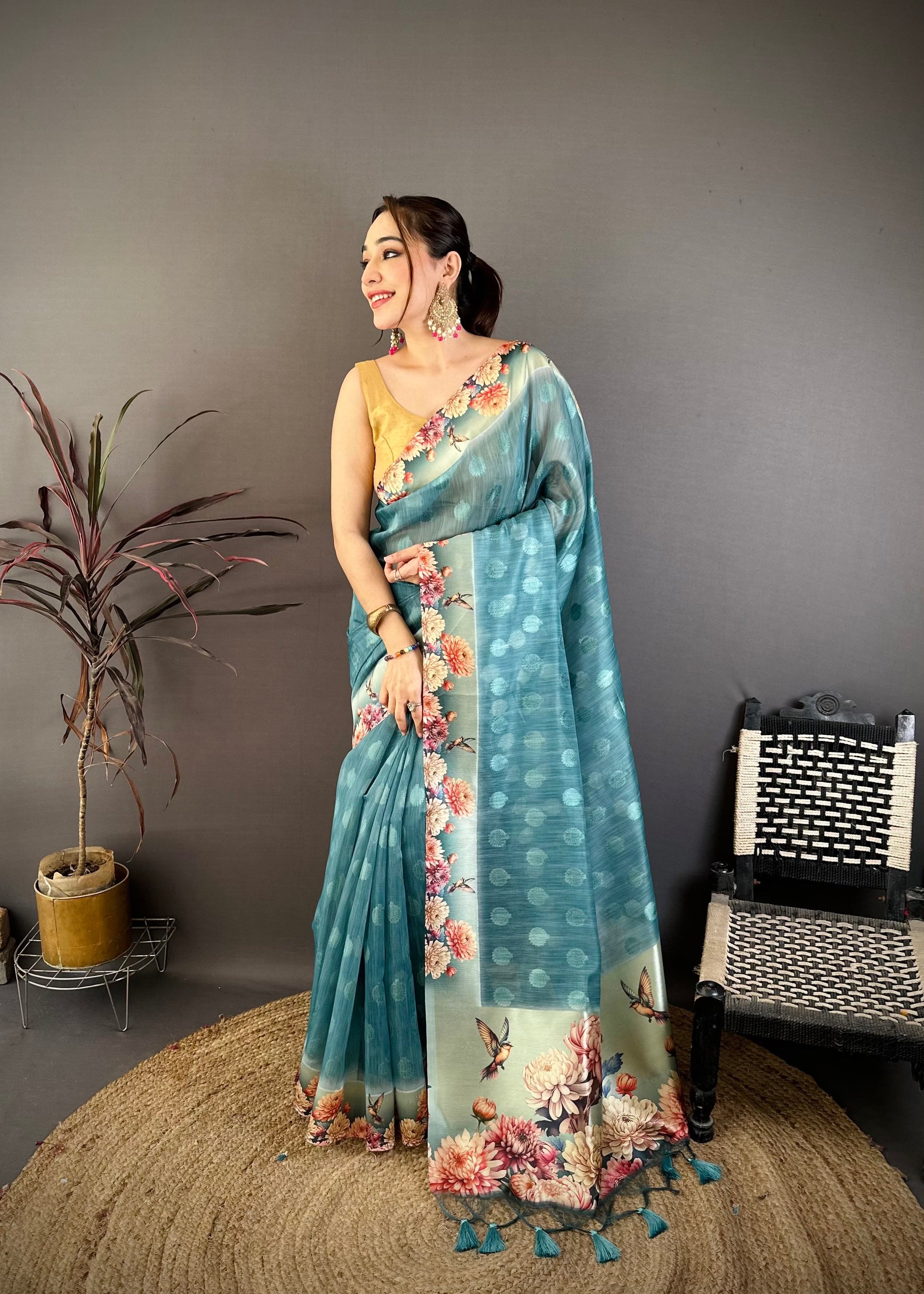 Moonstone Blue Designer Cotton Saree