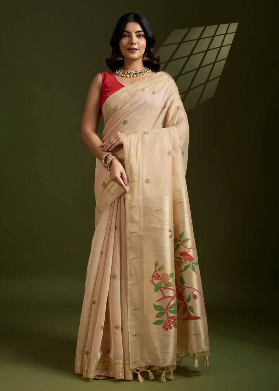 Beige Muga Cotton Paithani Saree