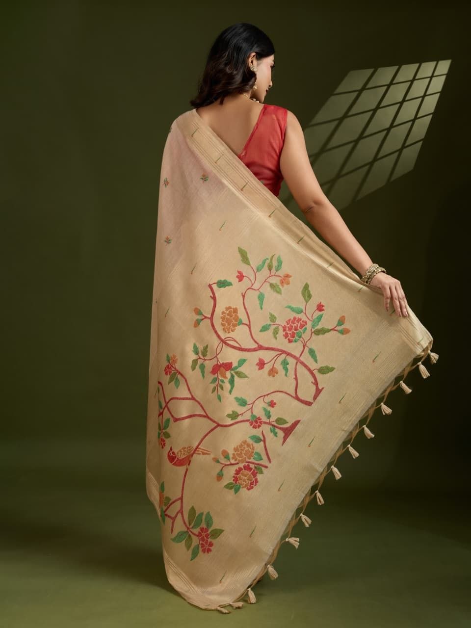 Beige Muga Cotton Paithani Saree