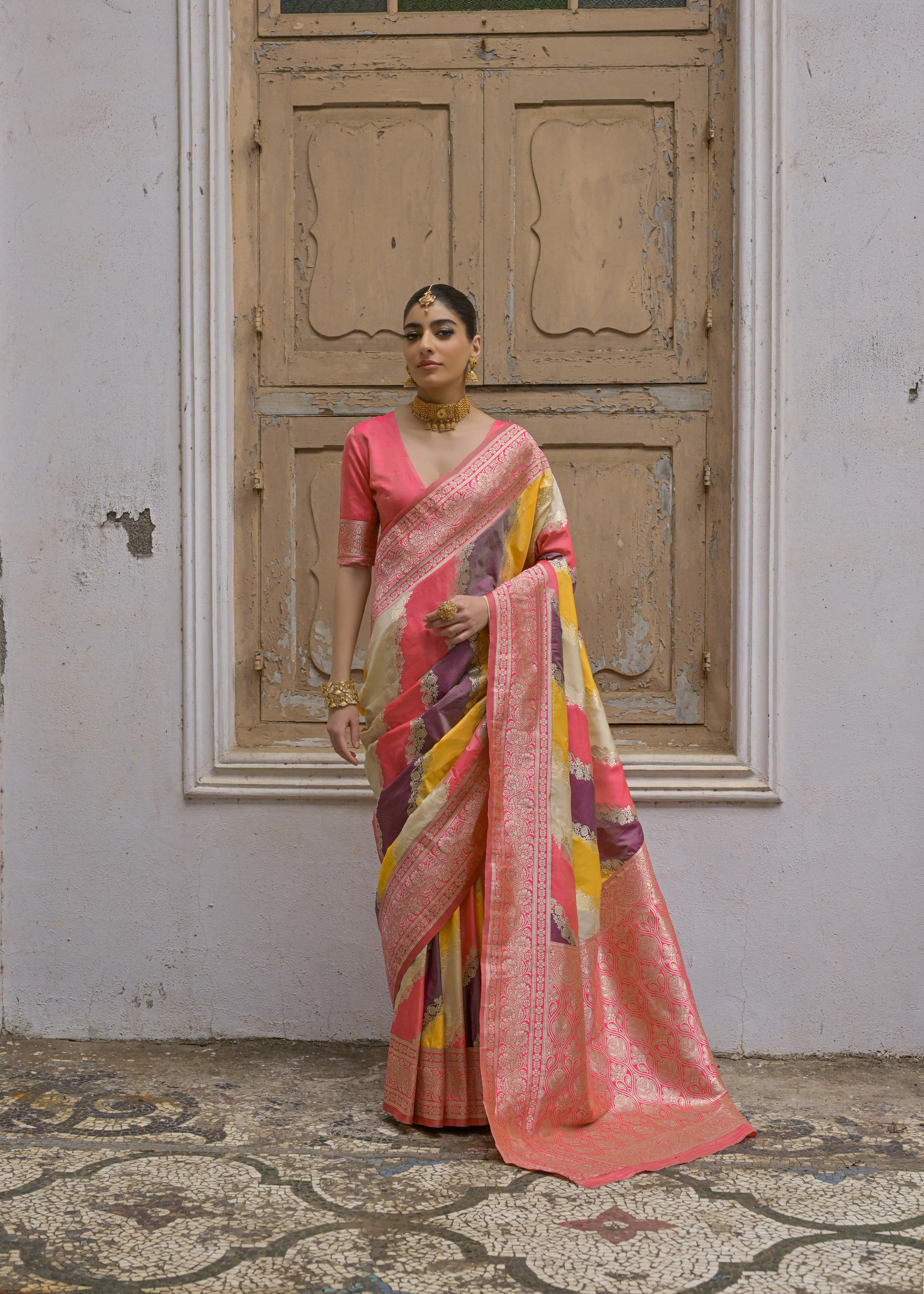 Multicolour Woven Soft Banarasi Silk Handloom Saree