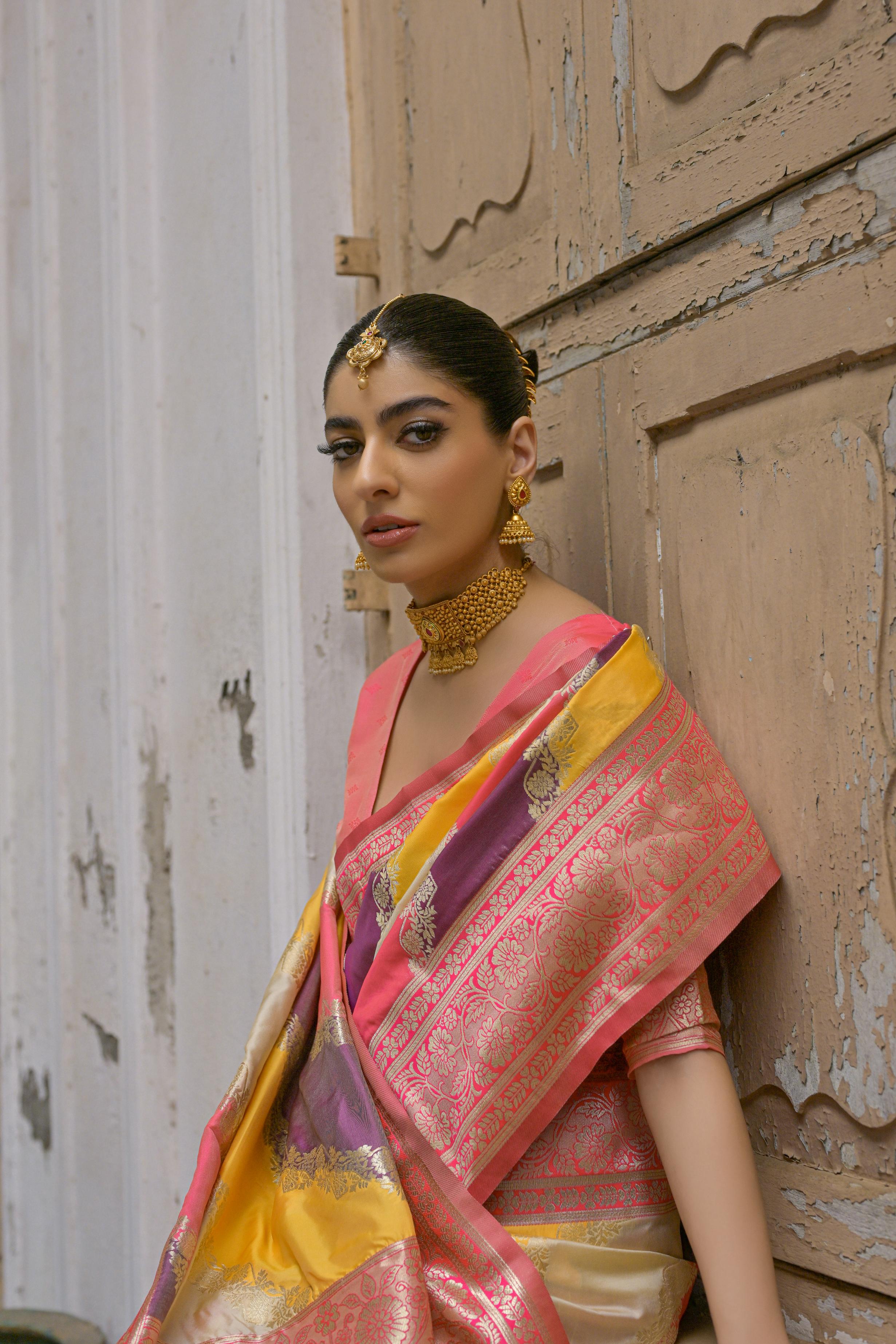 Multicolour Woven Soft Banarasi Silk Handloom Saree