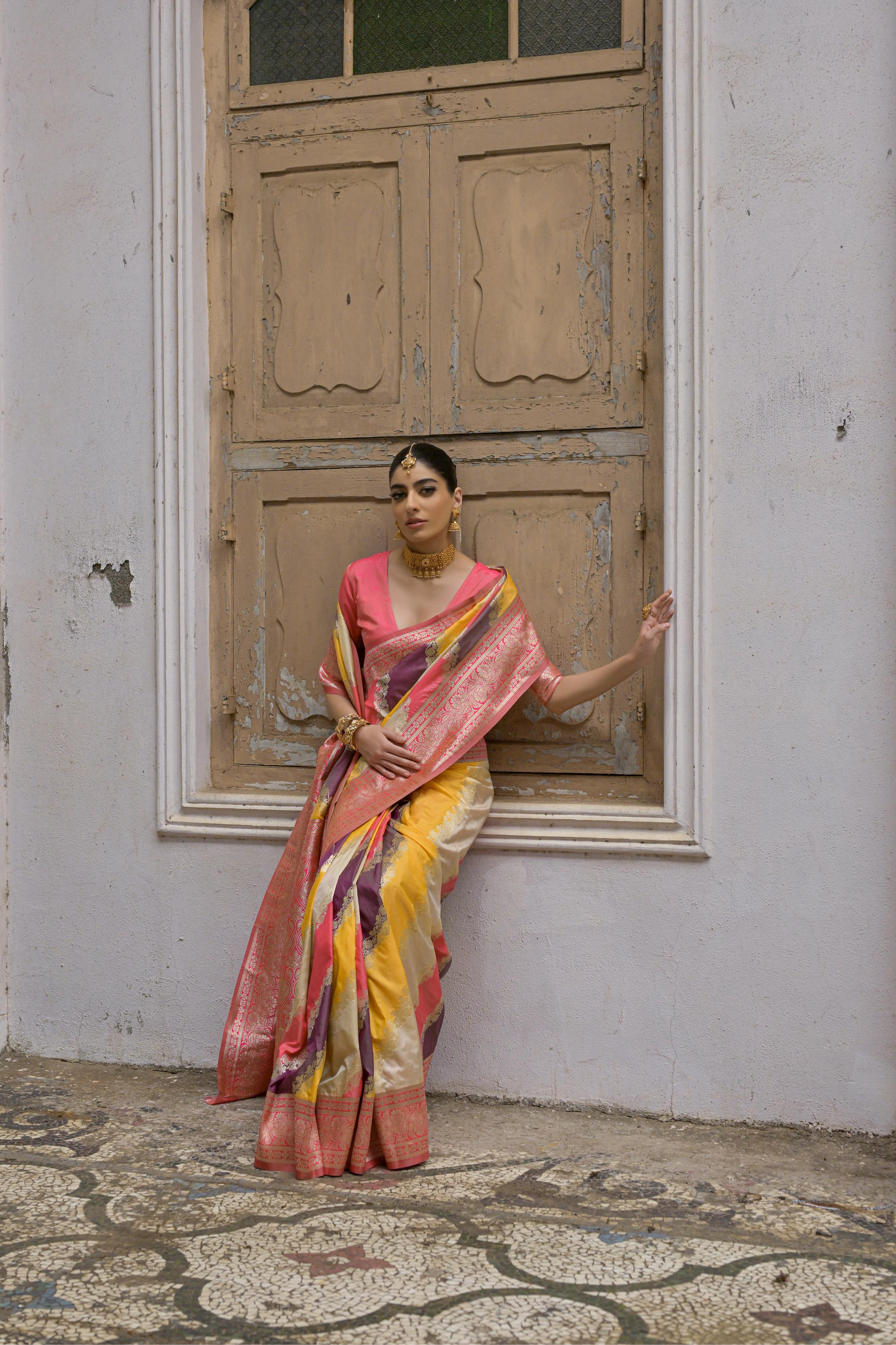 Multicolour Woven Soft Banarasi Silk Handloom Saree