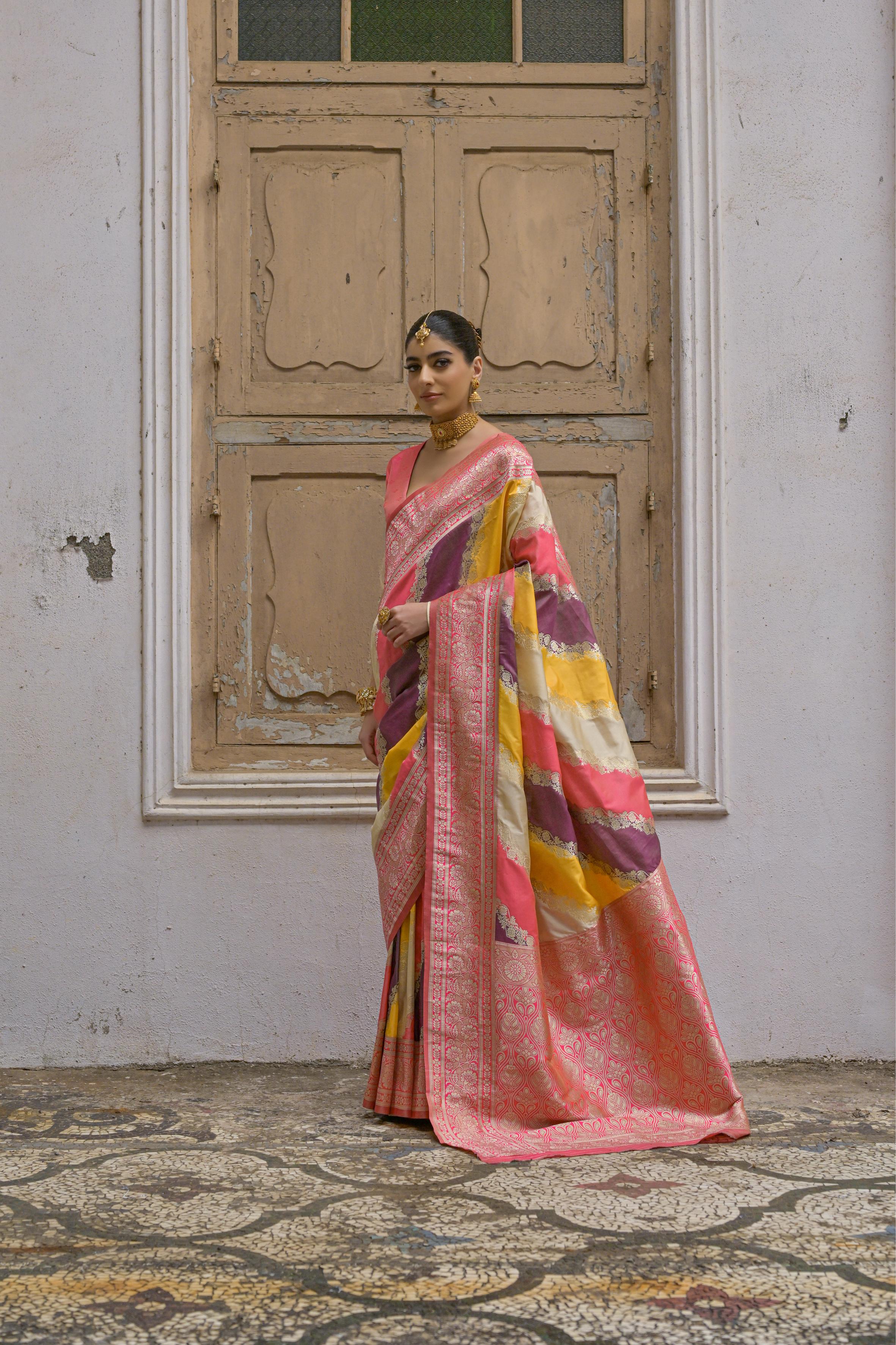Multicolour Woven Soft Banarasi Silk Handloom Saree
