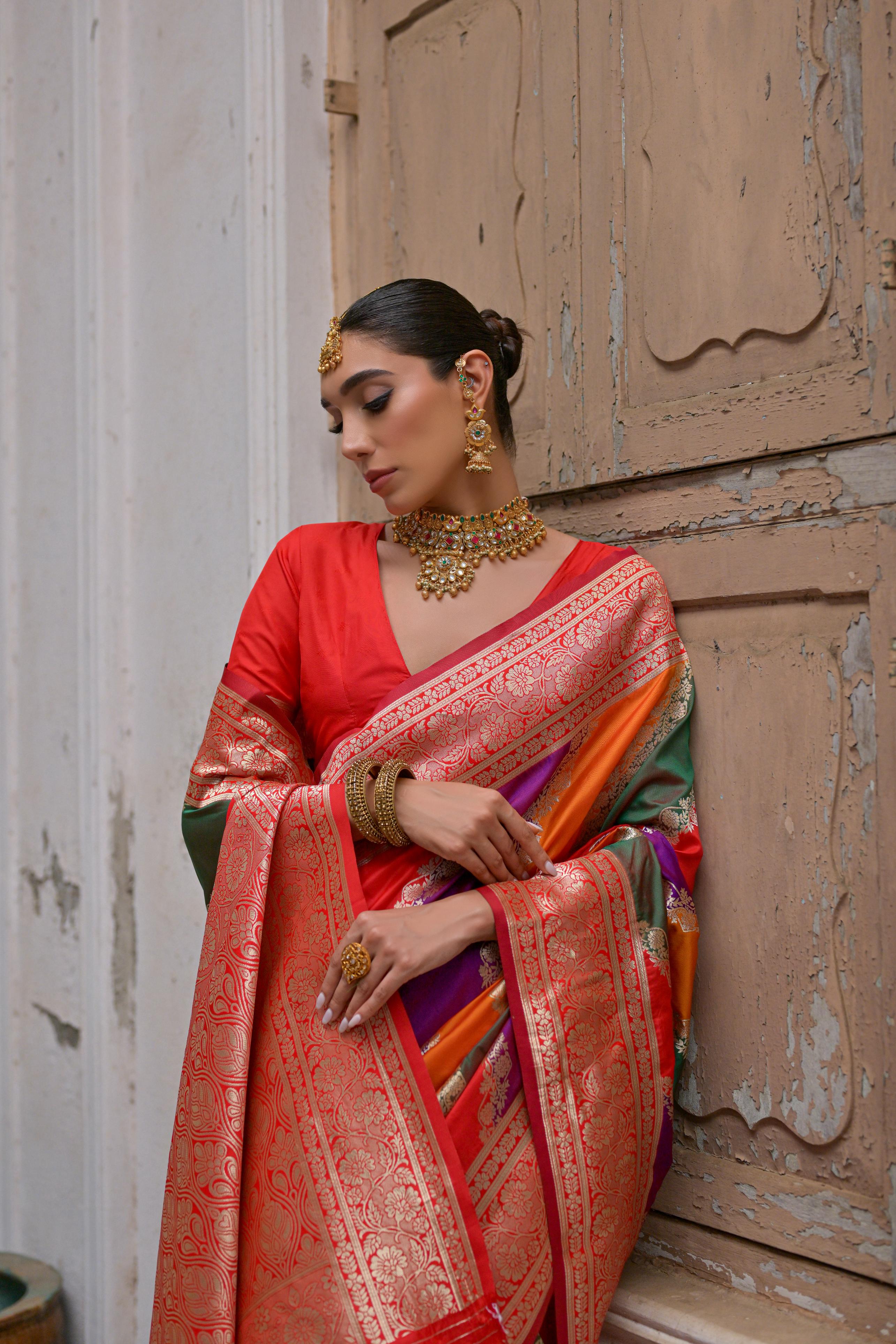 Multicolour Woven Soft Banarasi Silk Handloom Saree