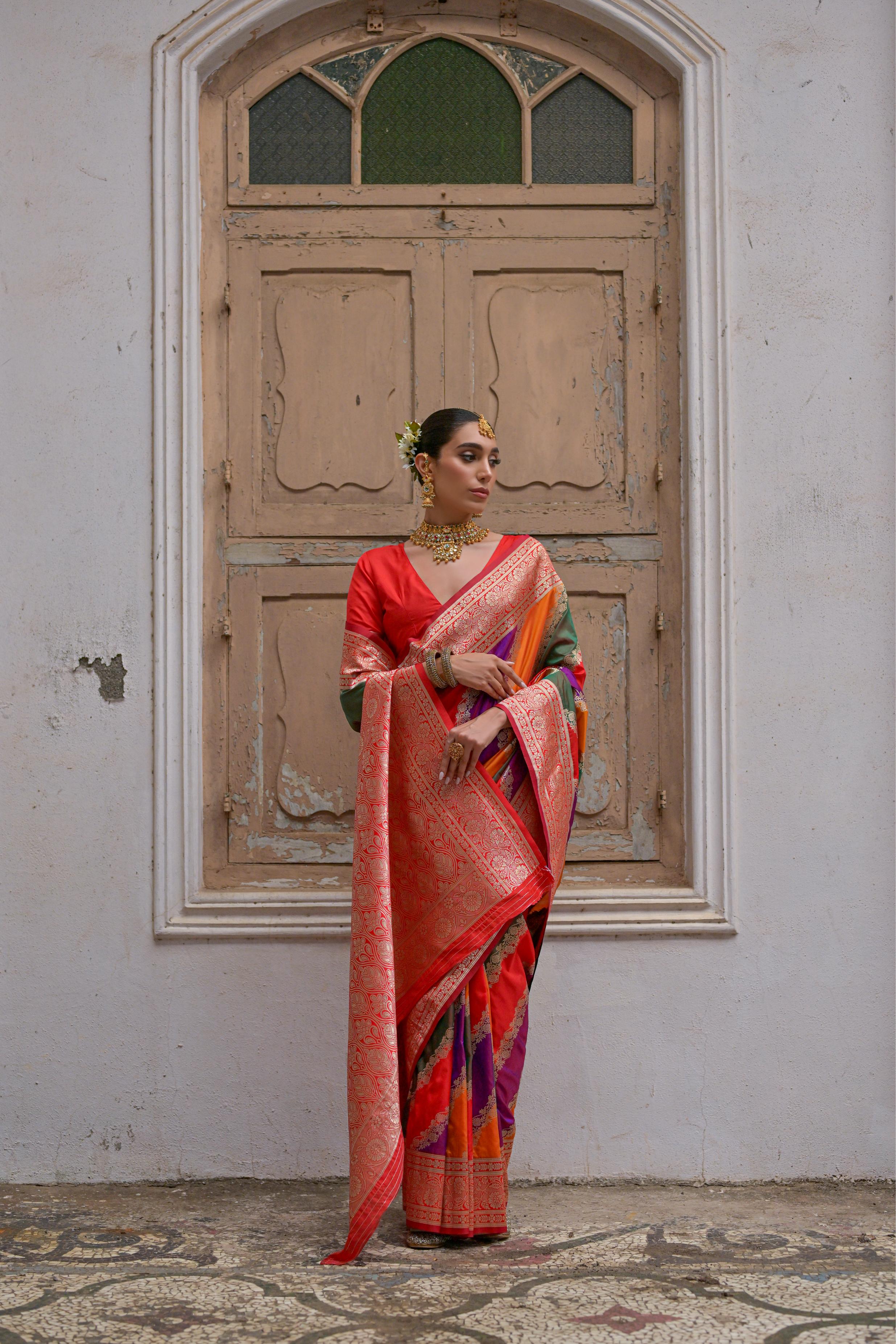 Multicolour Woven Soft Banarasi Silk Handloom Saree