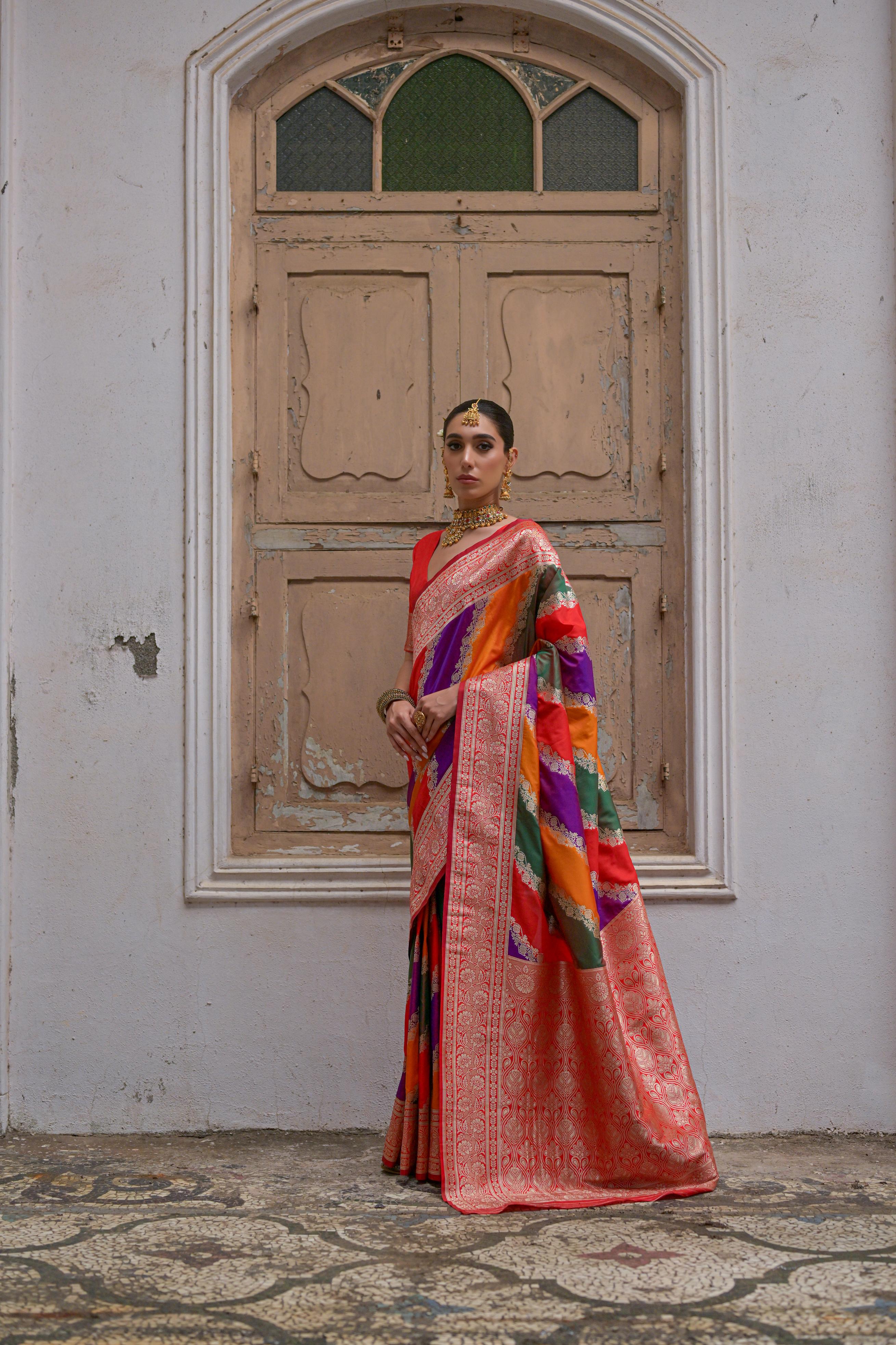 Multicolour Woven Soft Banarasi Silk Handloom Saree