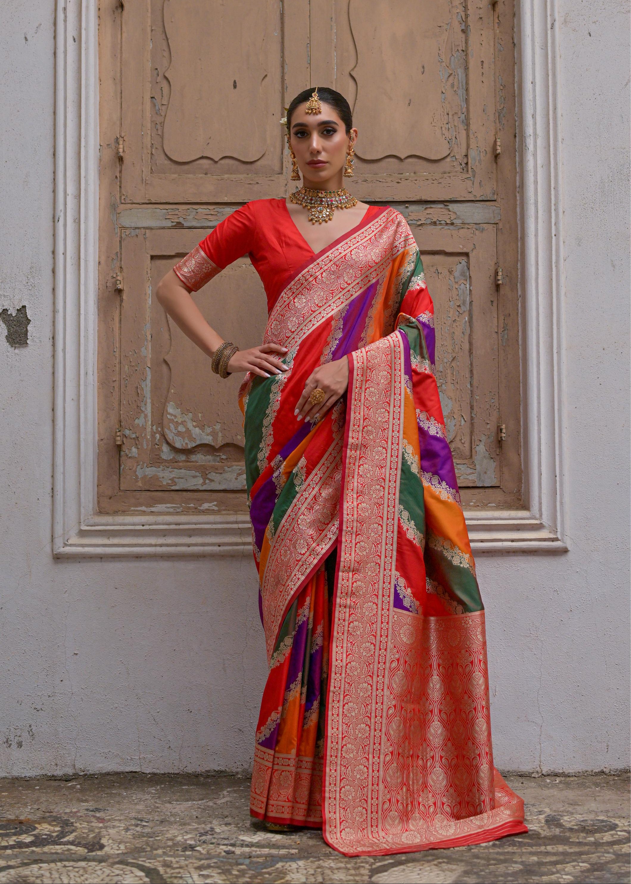 Multicolour Woven Soft Banarasi Silk Handloom Saree