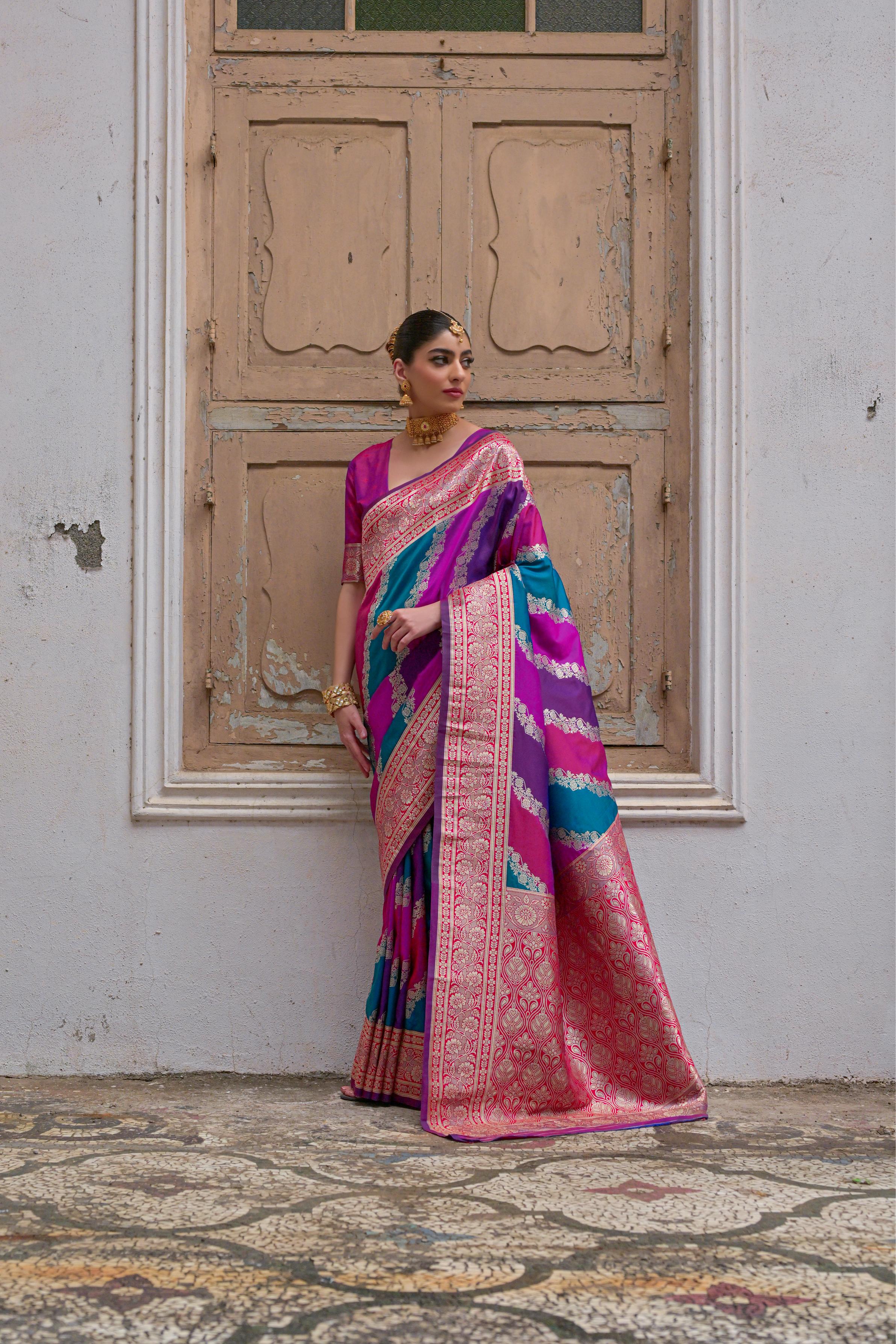 Multicolour Woven Soft Banarasi Silk Handloom Saree