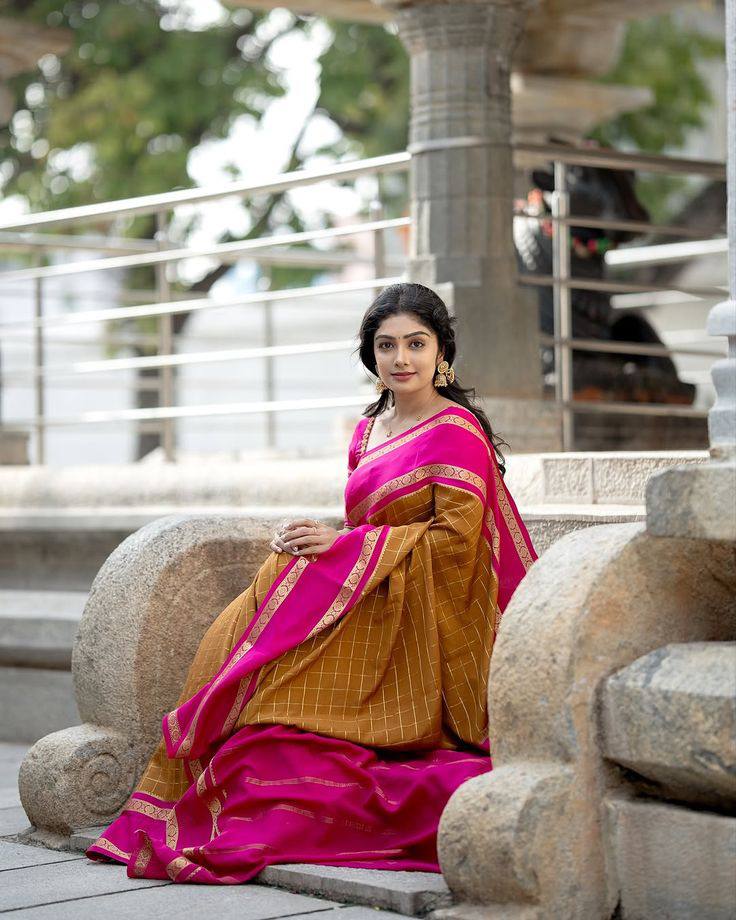 Mustard Orange Traditional Lichi Silk Saree