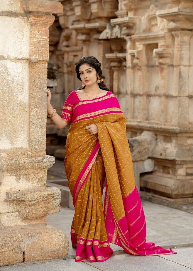 Mustard Orange Traditional Lichi Silk Saree