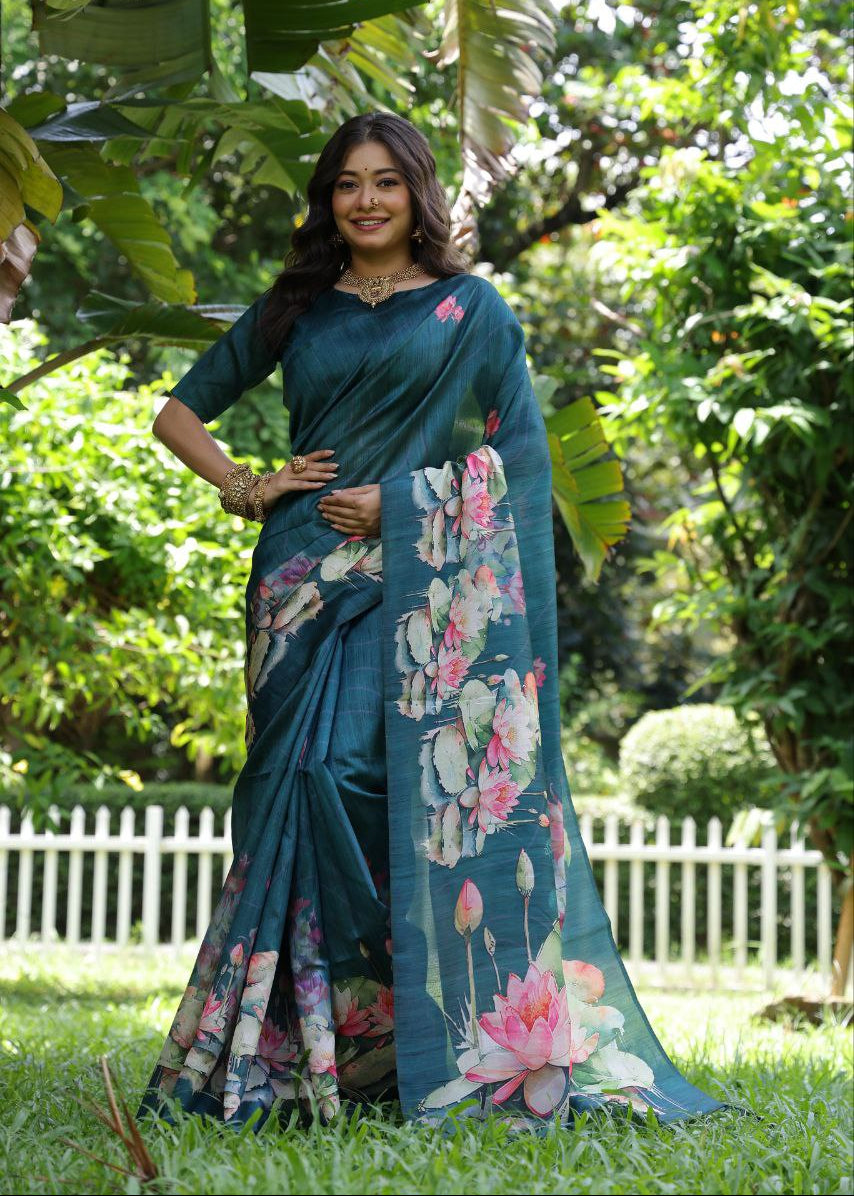 Muted Blue Lotus Printed Soft Tussar Silk Saree