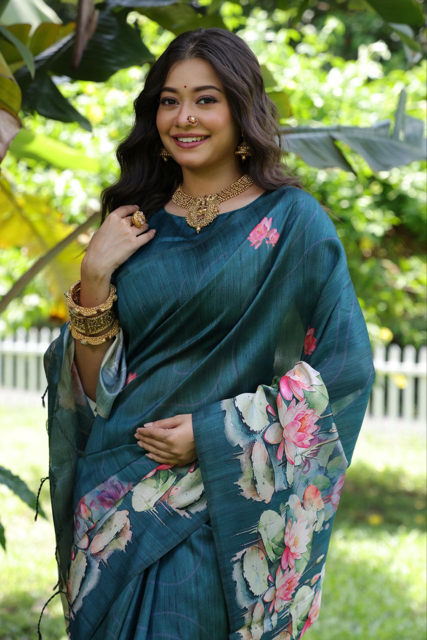 Muted Blue Lotus Printed Soft Tussar Silk Saree