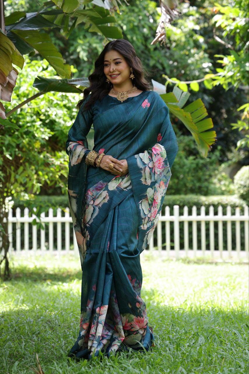Muted Blue Lotus Printed Soft Tussar Silk Saree