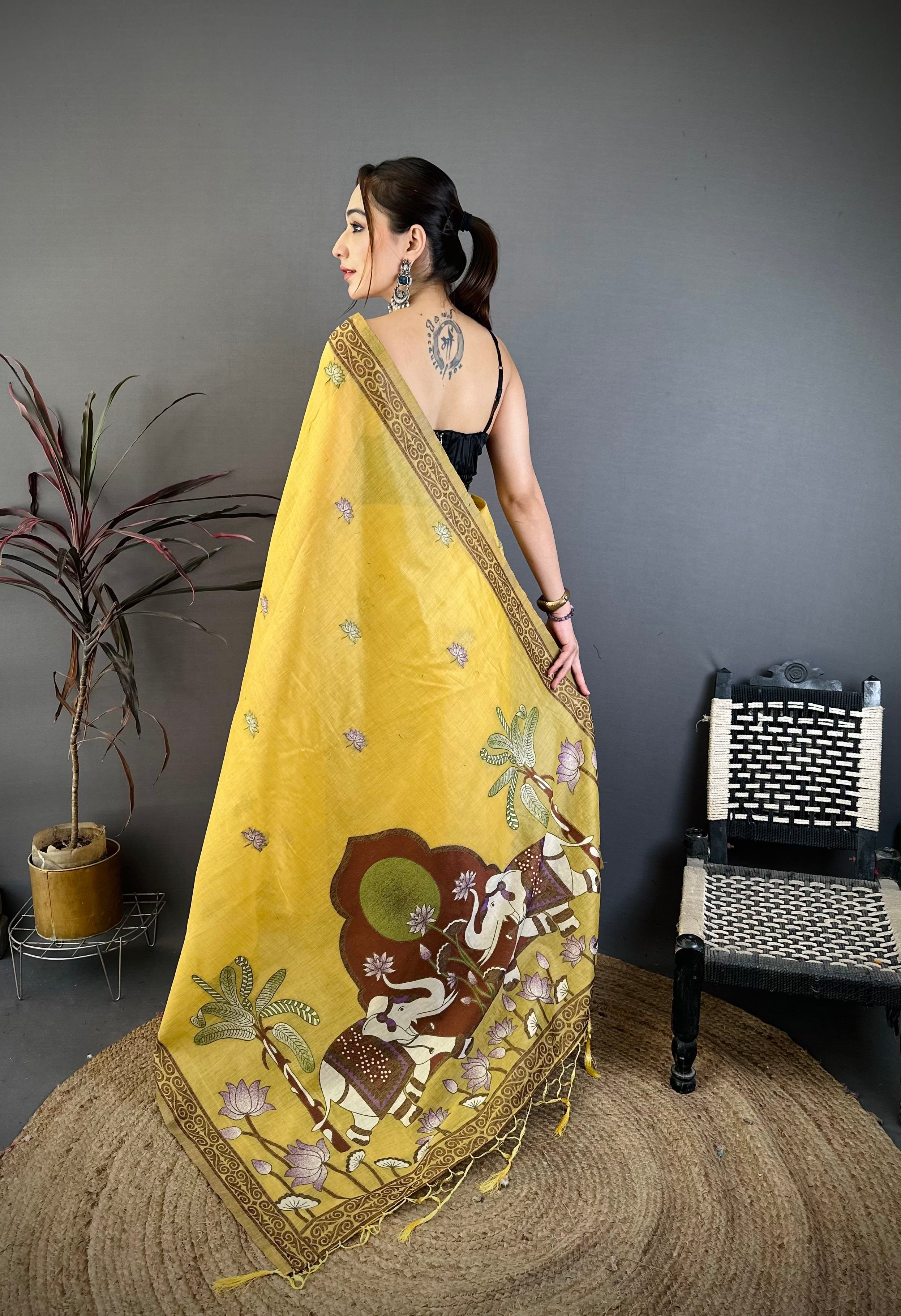 Light Yellow Nature Inspired Muga Cotton Saree