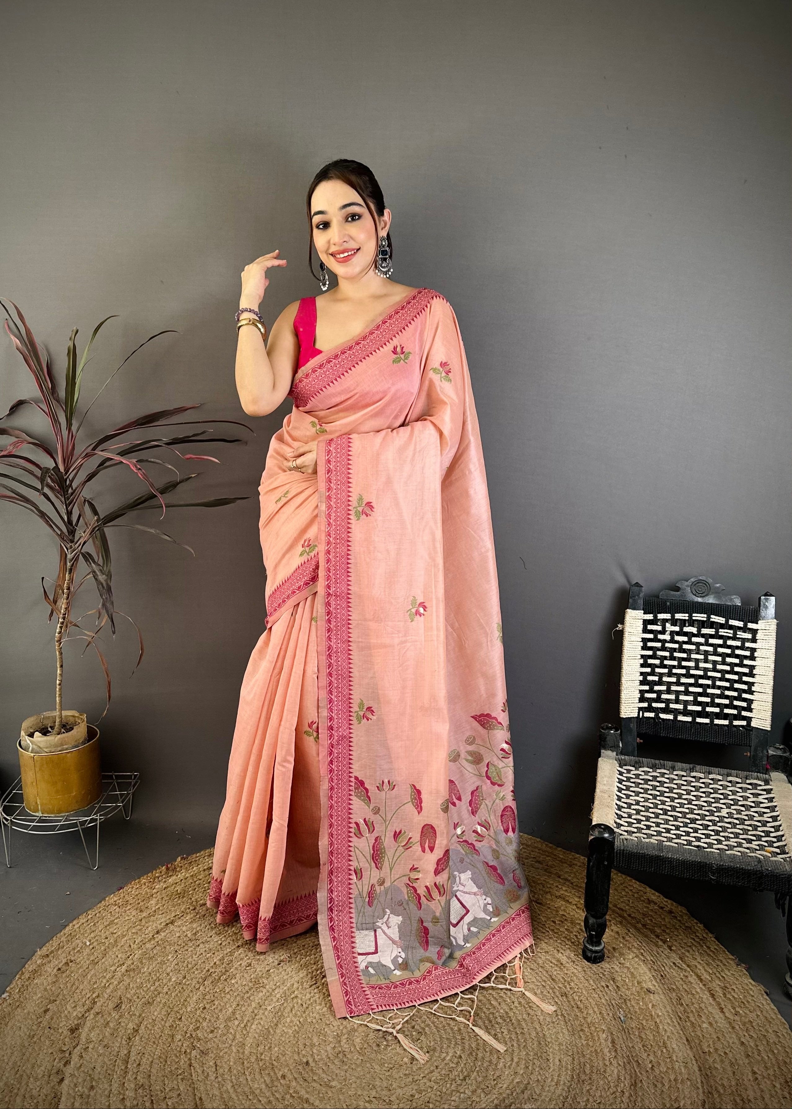 Pink Nature Inspired Muga Cotton Saree