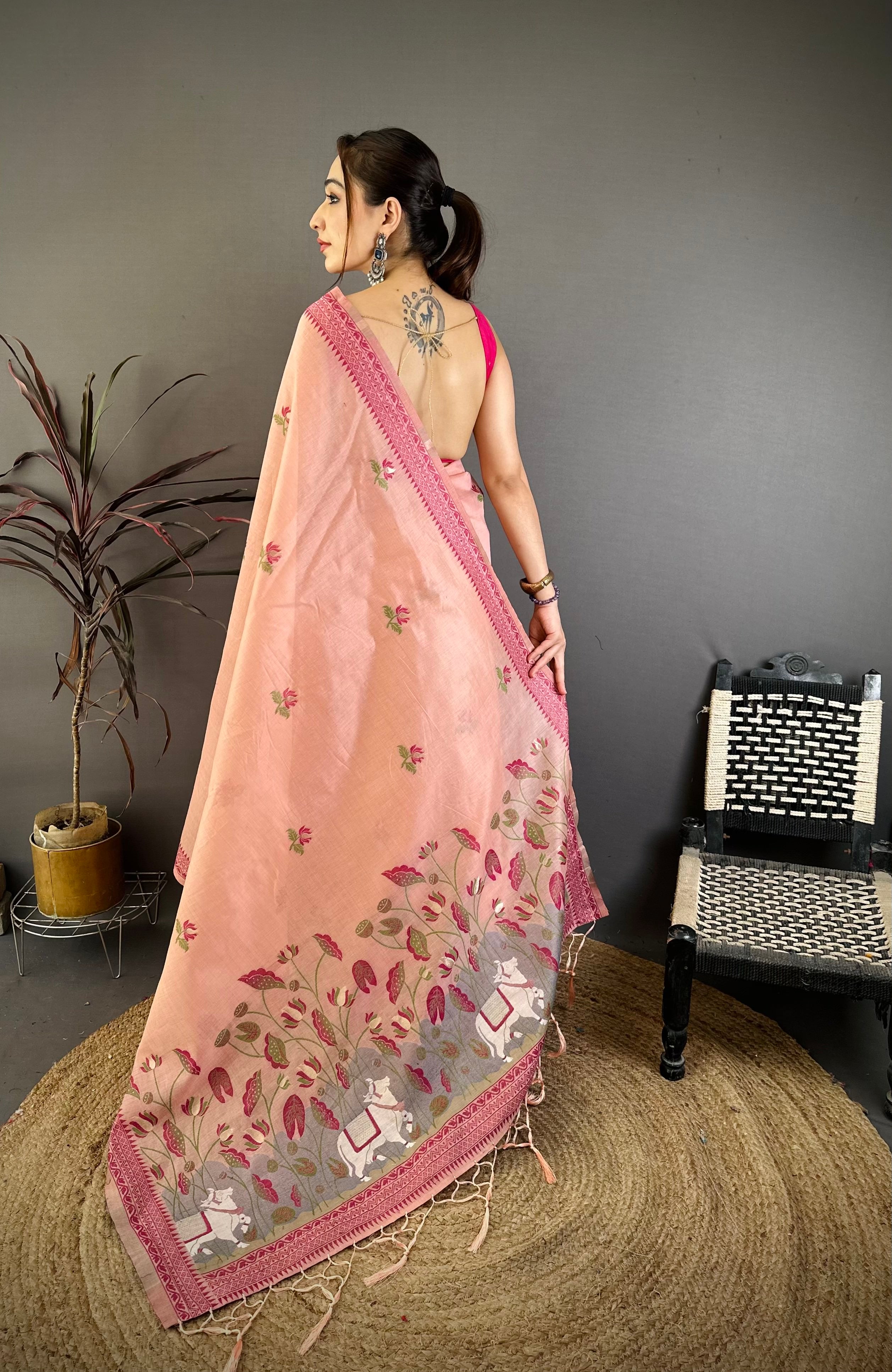 Pink Nature Inspired Muga Cotton Saree